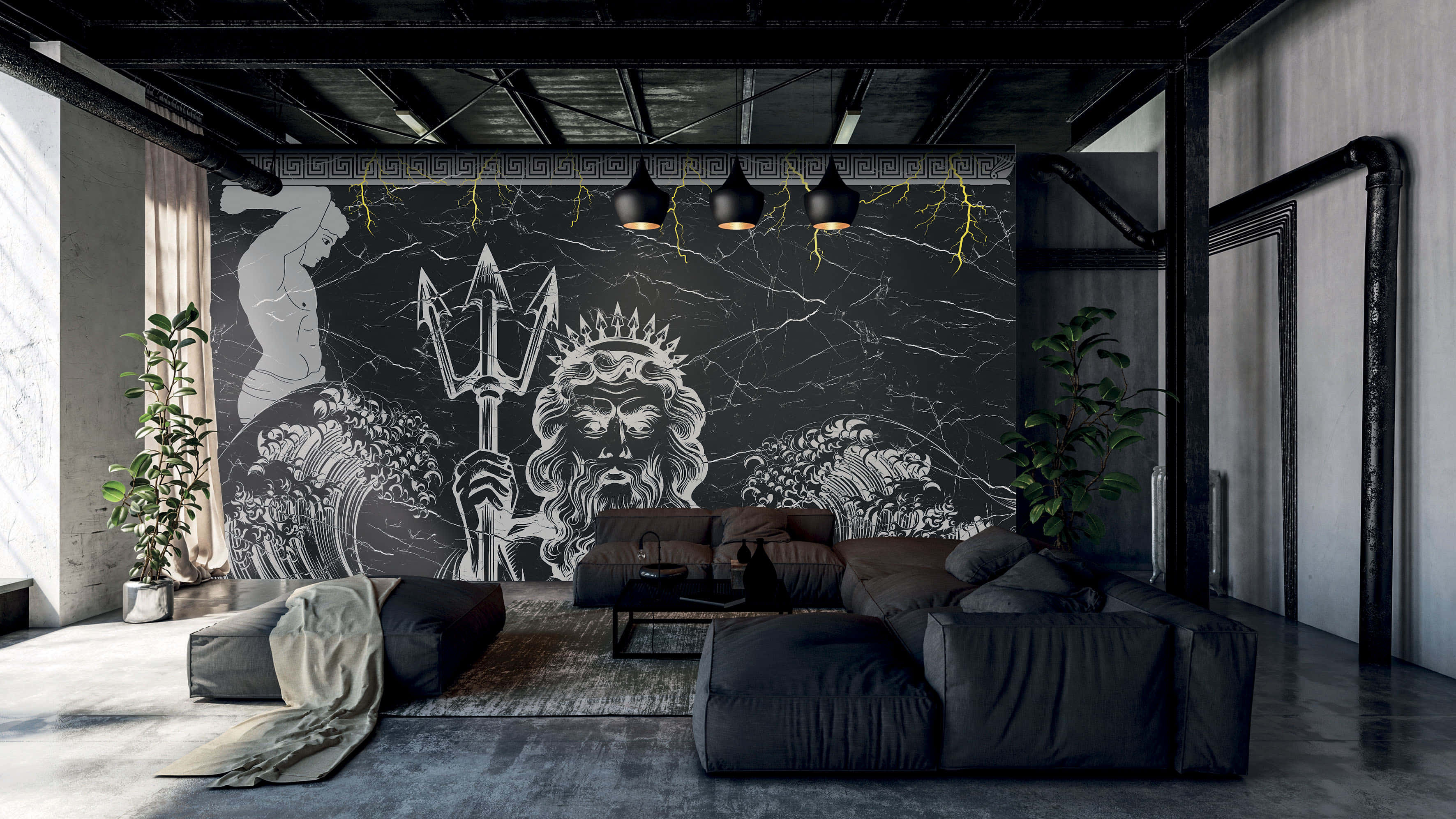 Zeus, black marble wall mural, bearded sea god, 2K Desktop Wallpaper