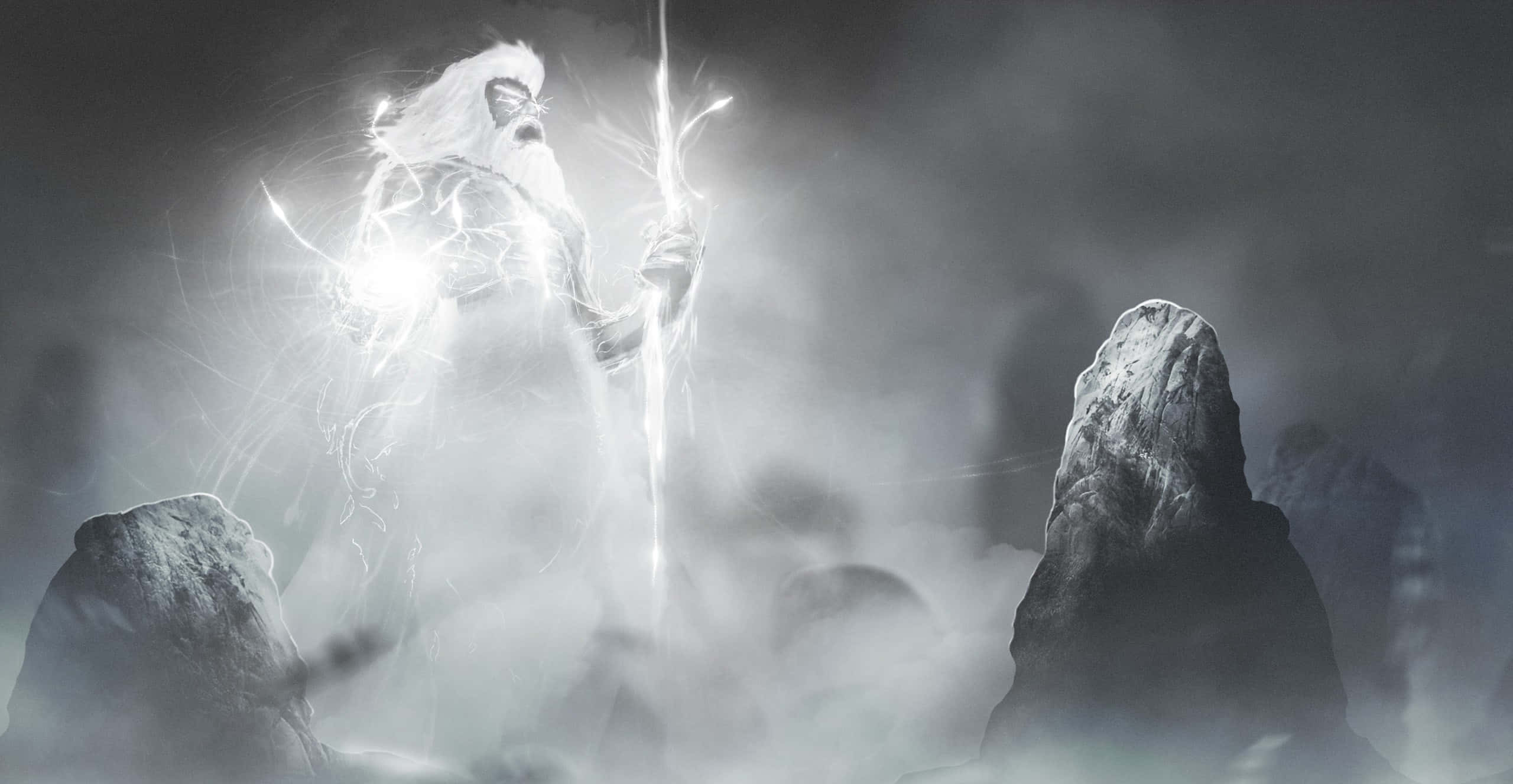 Zeus, glowing staff, misty rocky peaks, 2K Desktop Wallpaper