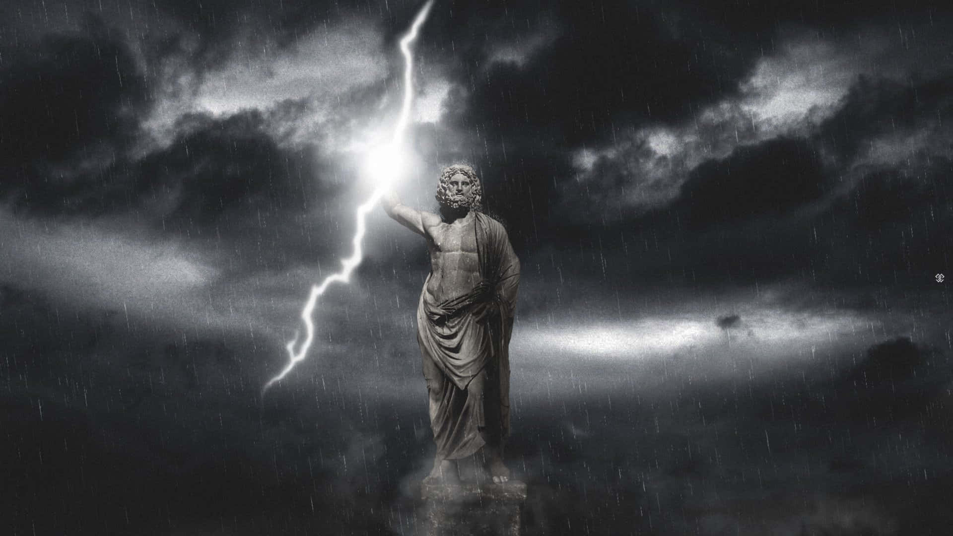 Zeus, monochrome statue, lightning, Full HD Desktop Wallpaper