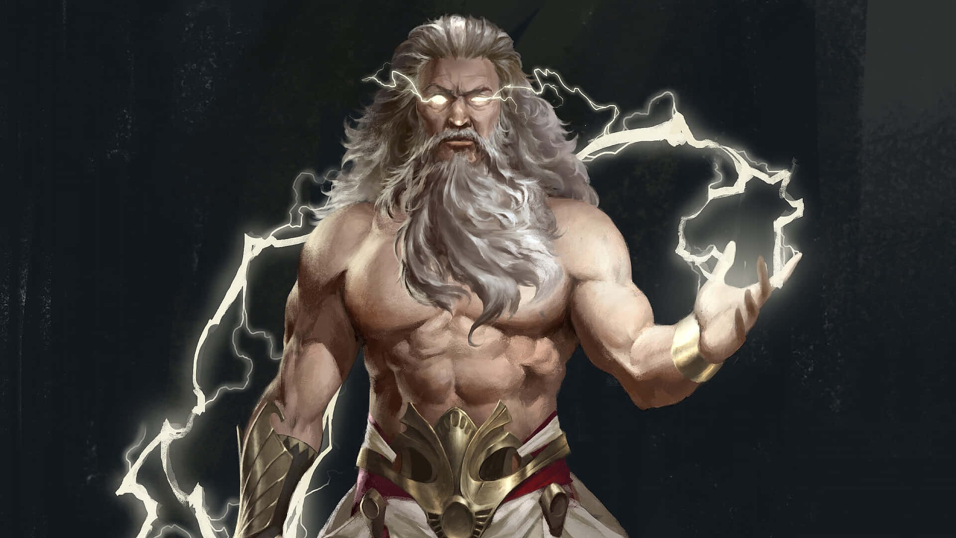 Zeus, crackling lightning, long white hair, Full HD Desktop Wallpaper