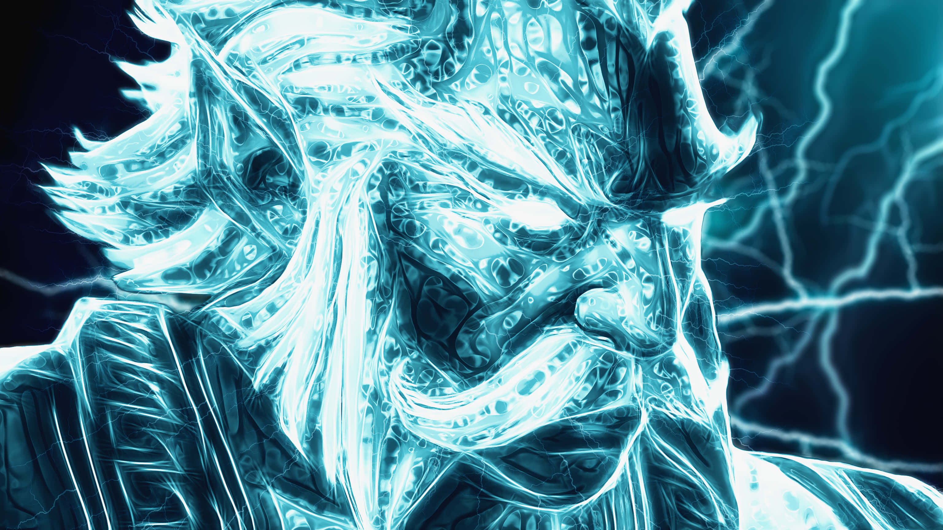 Zeus, glowing blue electric dragon, lightning crackling, 2K Desktop Wallpaper