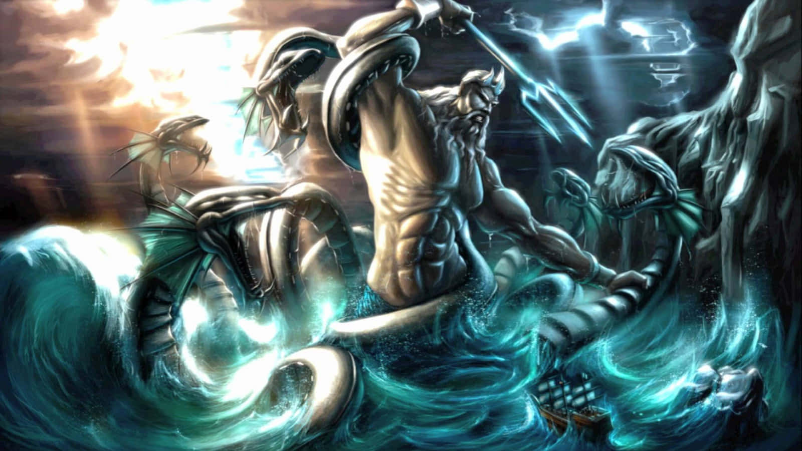 Zeus, glowing trident, crashing turquoise waves, HD Desktop Wallpaper