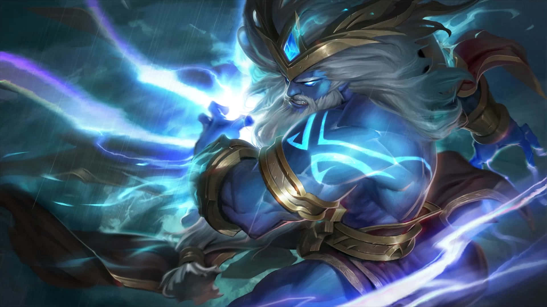 Zeus, blue-skinned, white hair, Full HD Desktop Wallpaper