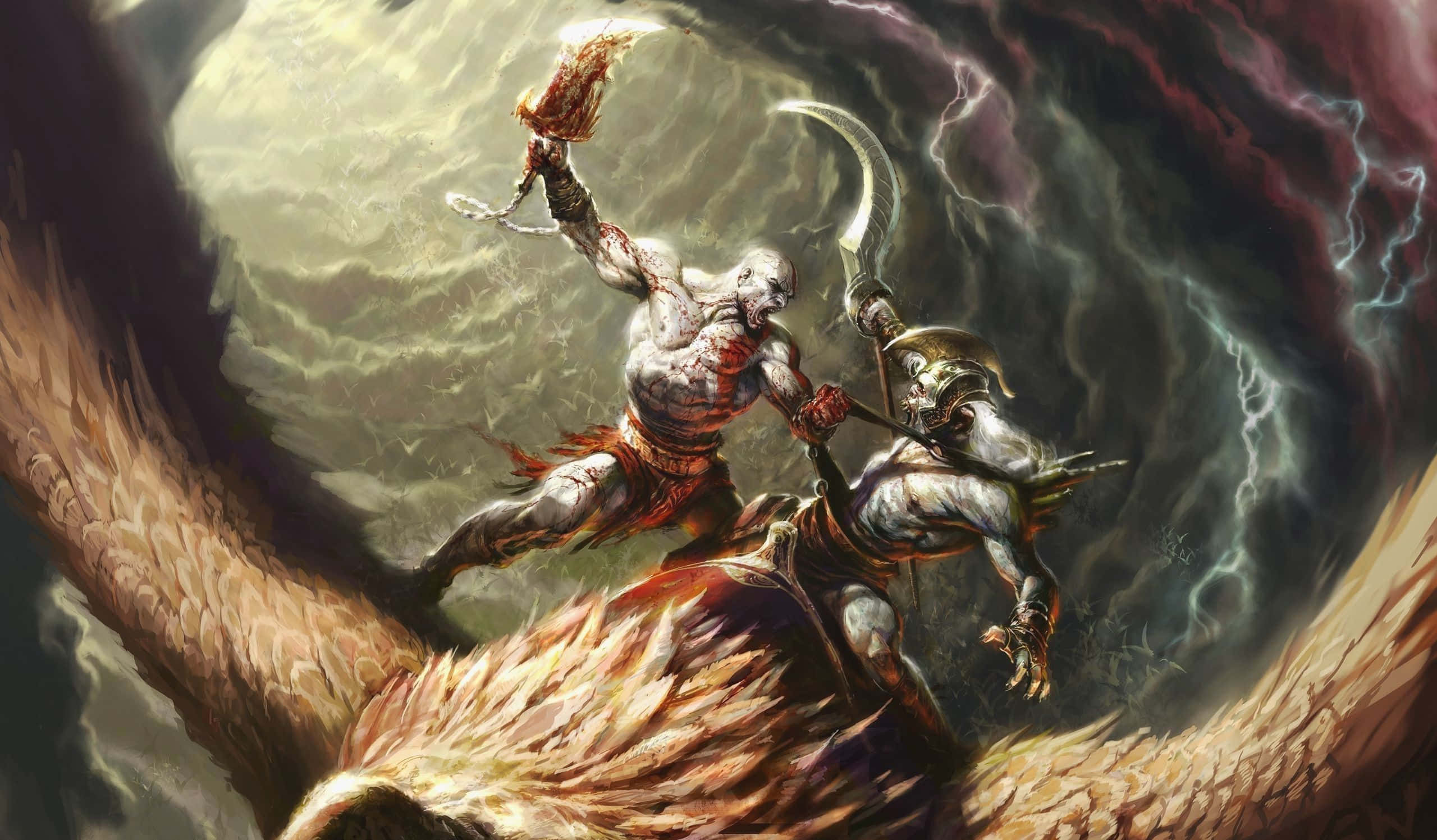 Zeus, flaming weapon, winged enemy, 2K Desktop Wallpaper