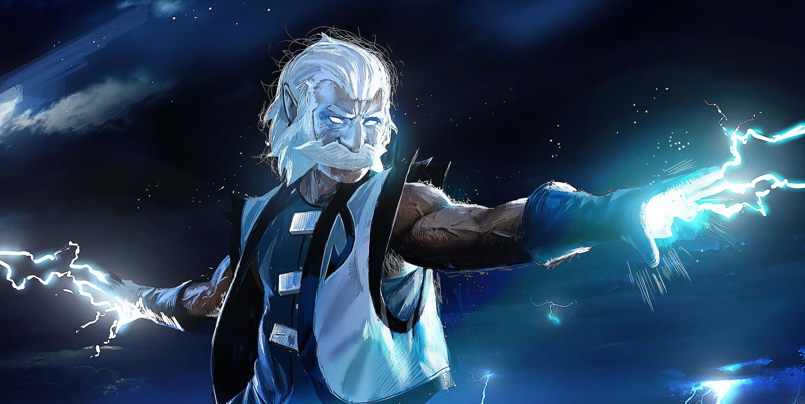 Zeus, white-haired elf warrior, crackling blue lightning, 2K Desktop Wallpaper