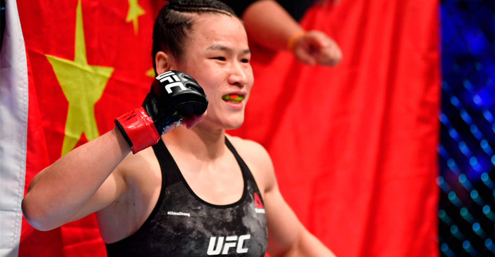 Zhang Weili, UFC singlet, gloved fist, Full HD Desktop Wallpaper
