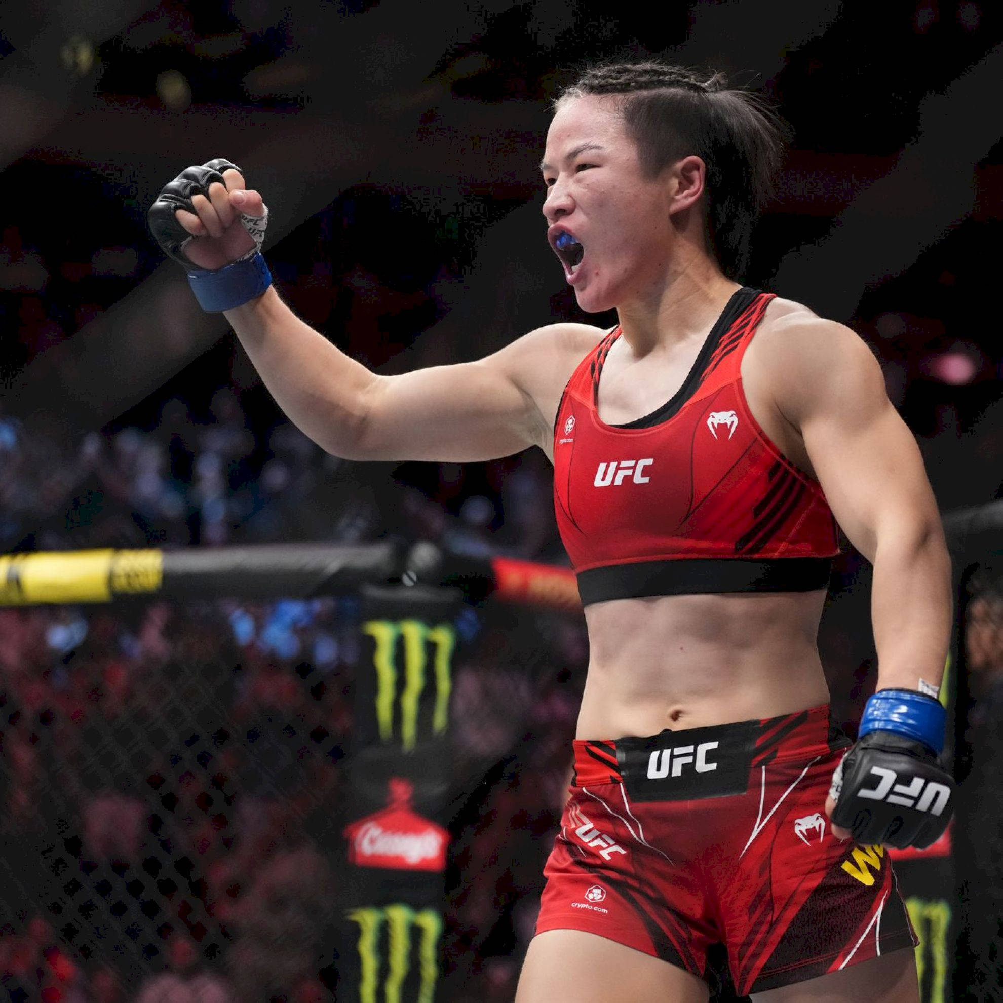 Zhang Weili, red UFC gear, cage, Full HD Desktop Wallpaper