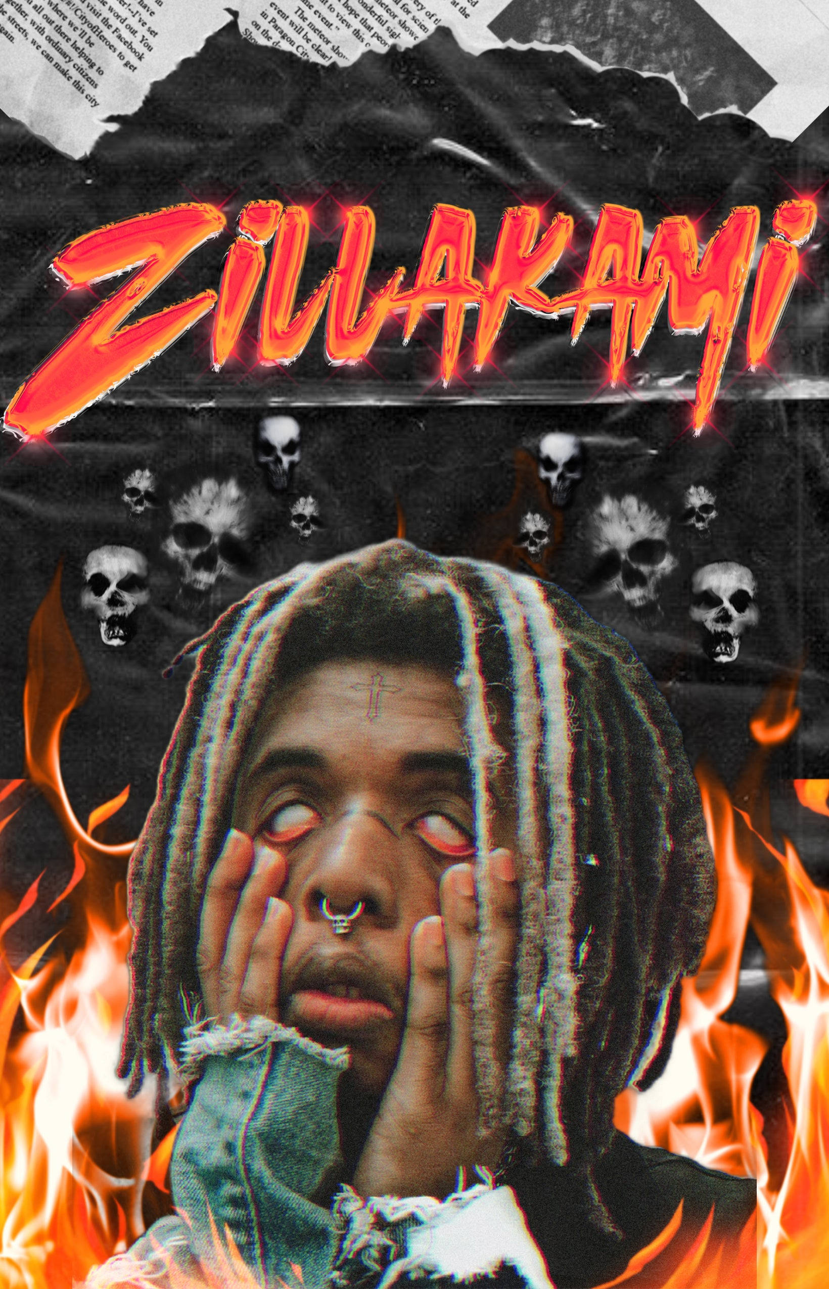 ZillaKami, fiery orange flames, skulls, Full HD Phone Wallpaper