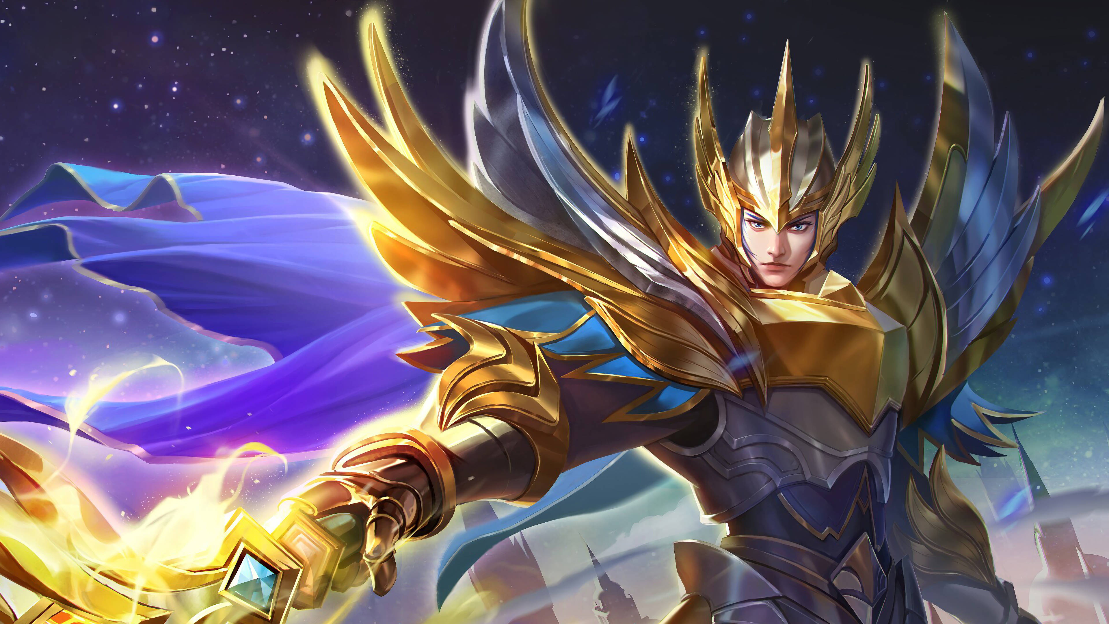 Zilong, golden-armored, radiant wings, 4K Desktop Wallpaper