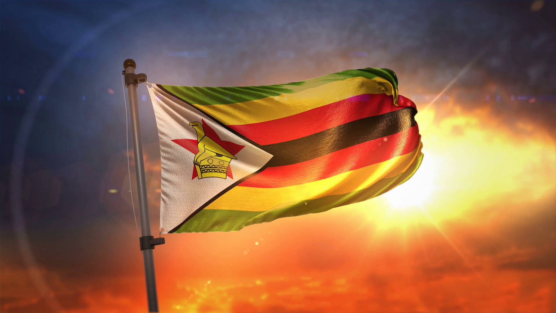 Zimbabwe flag, sunset, fiery sunset sky, Full HD Desktop Wallpaper