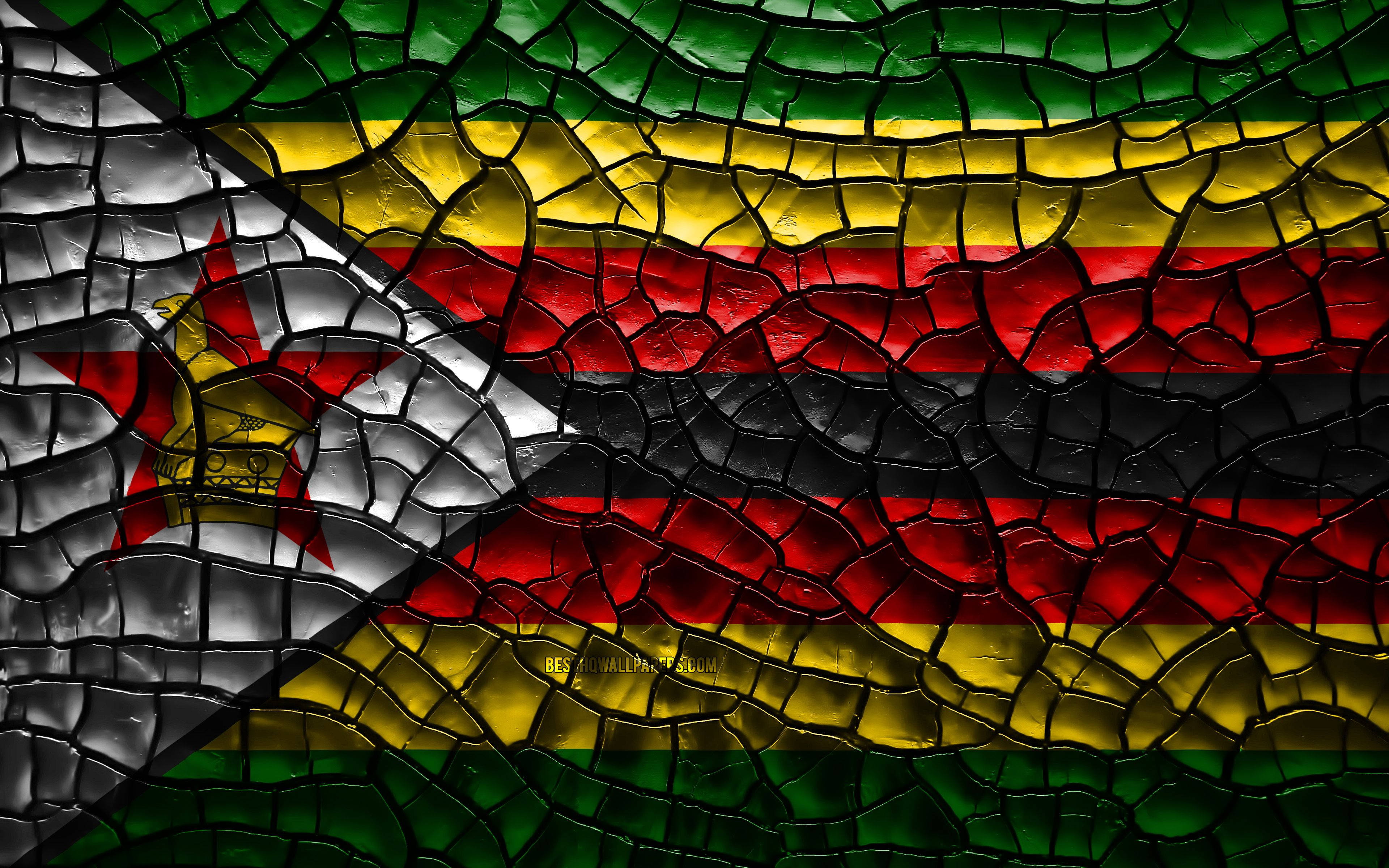 Zimbabwe flag, cracked glass texture, vibrant green yellow red and black stripes, 4K Desktop Wallpaper