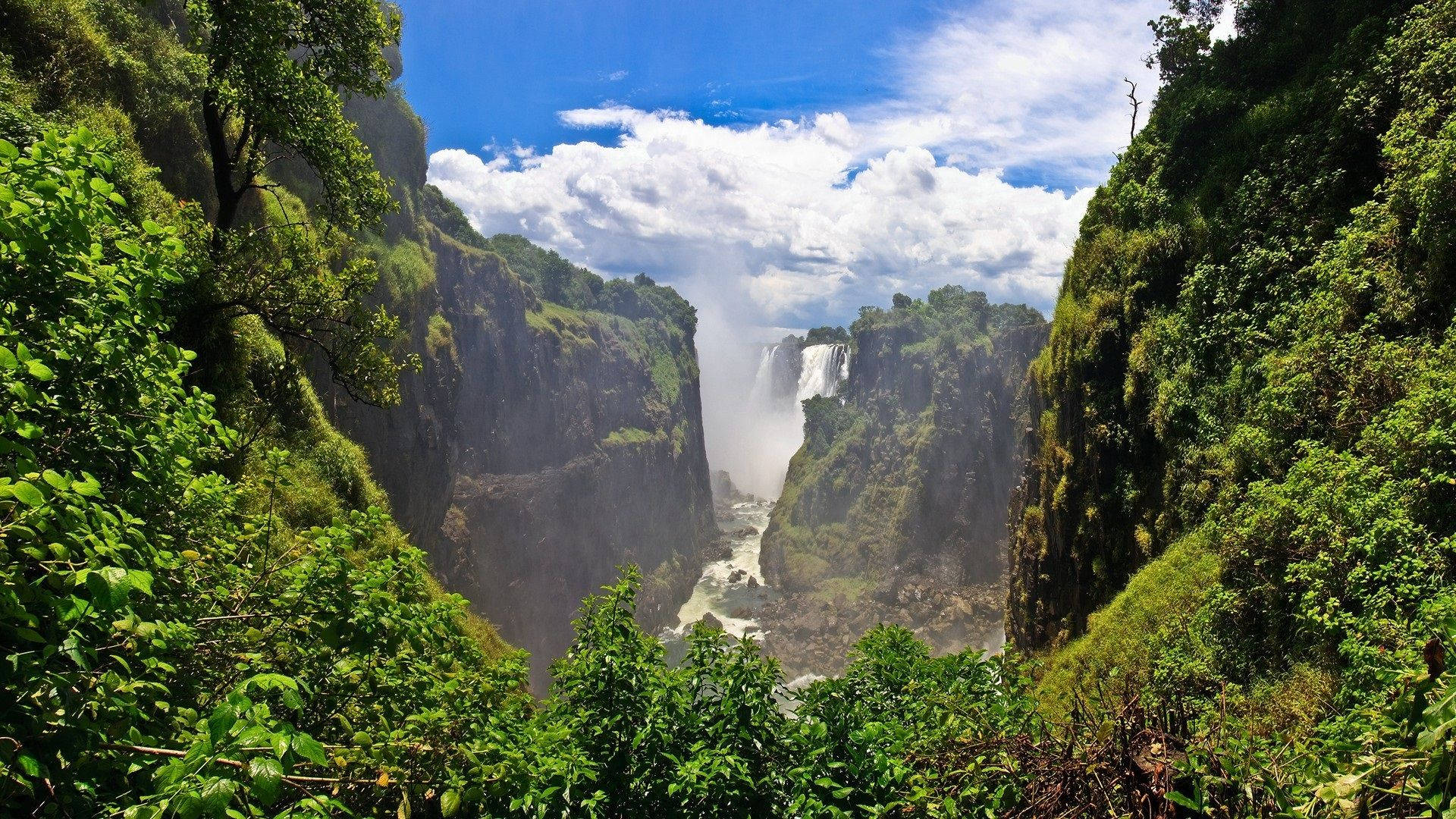 Zimbabwe, waterfall, lush green canyon, Full HD Desktop Wallpaper