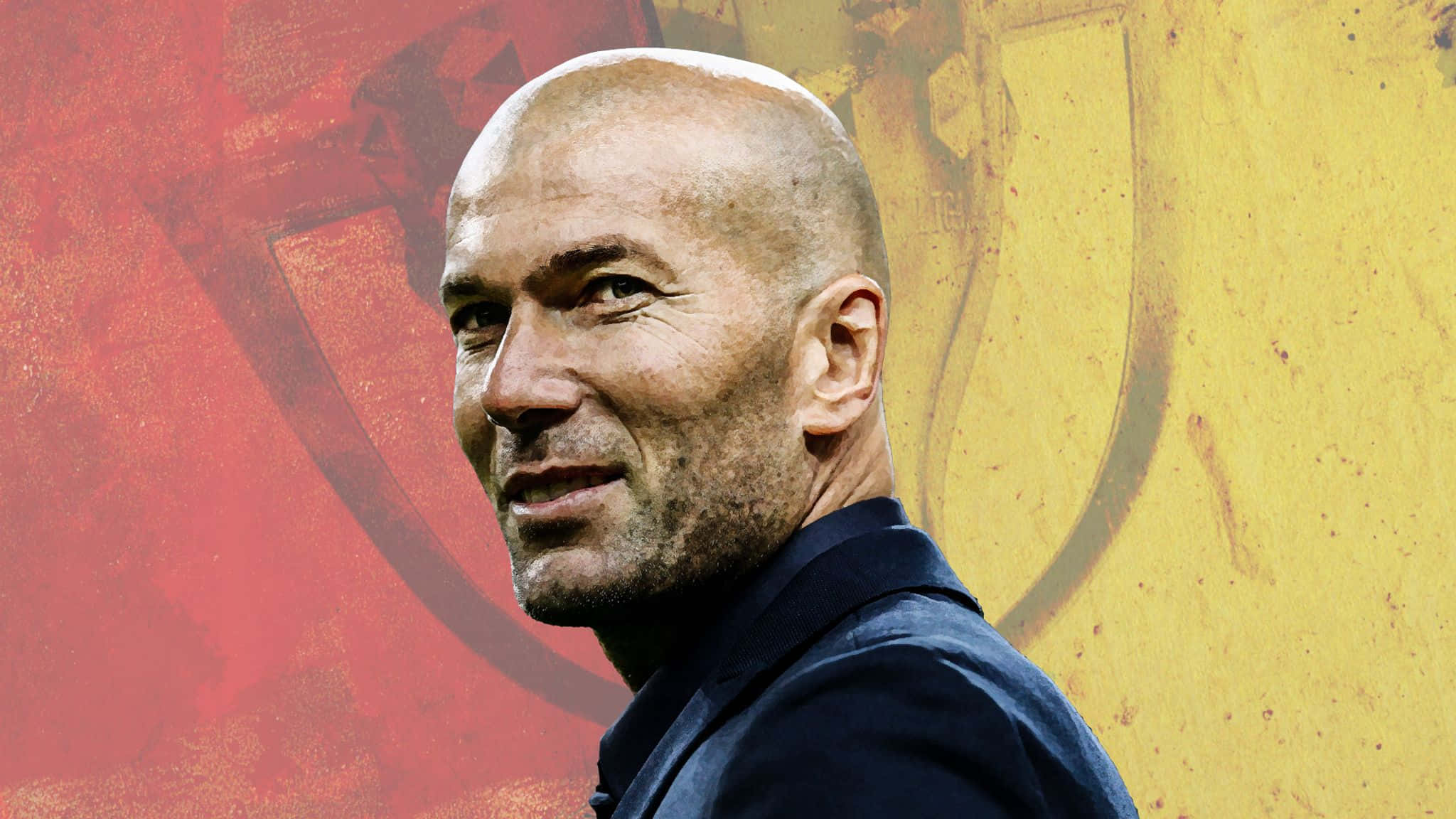 Zinedine Zidane, red and yellow background, close-up portrait, Full HD Desktop Wallpaper