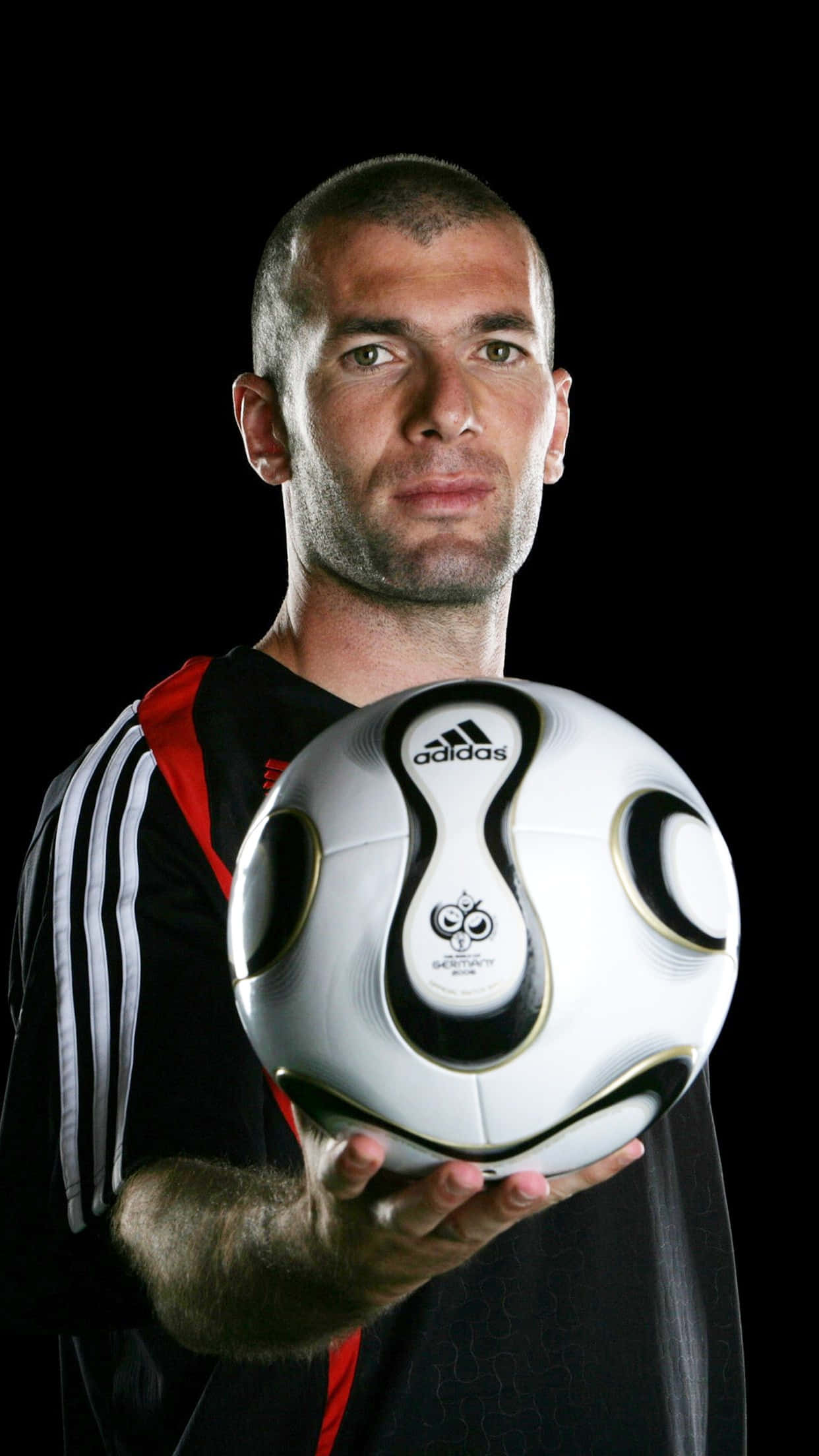 Zinedine Zidane, black and red jersey, white Adidas World Cup ball, Full HD Phone Wallpaper
