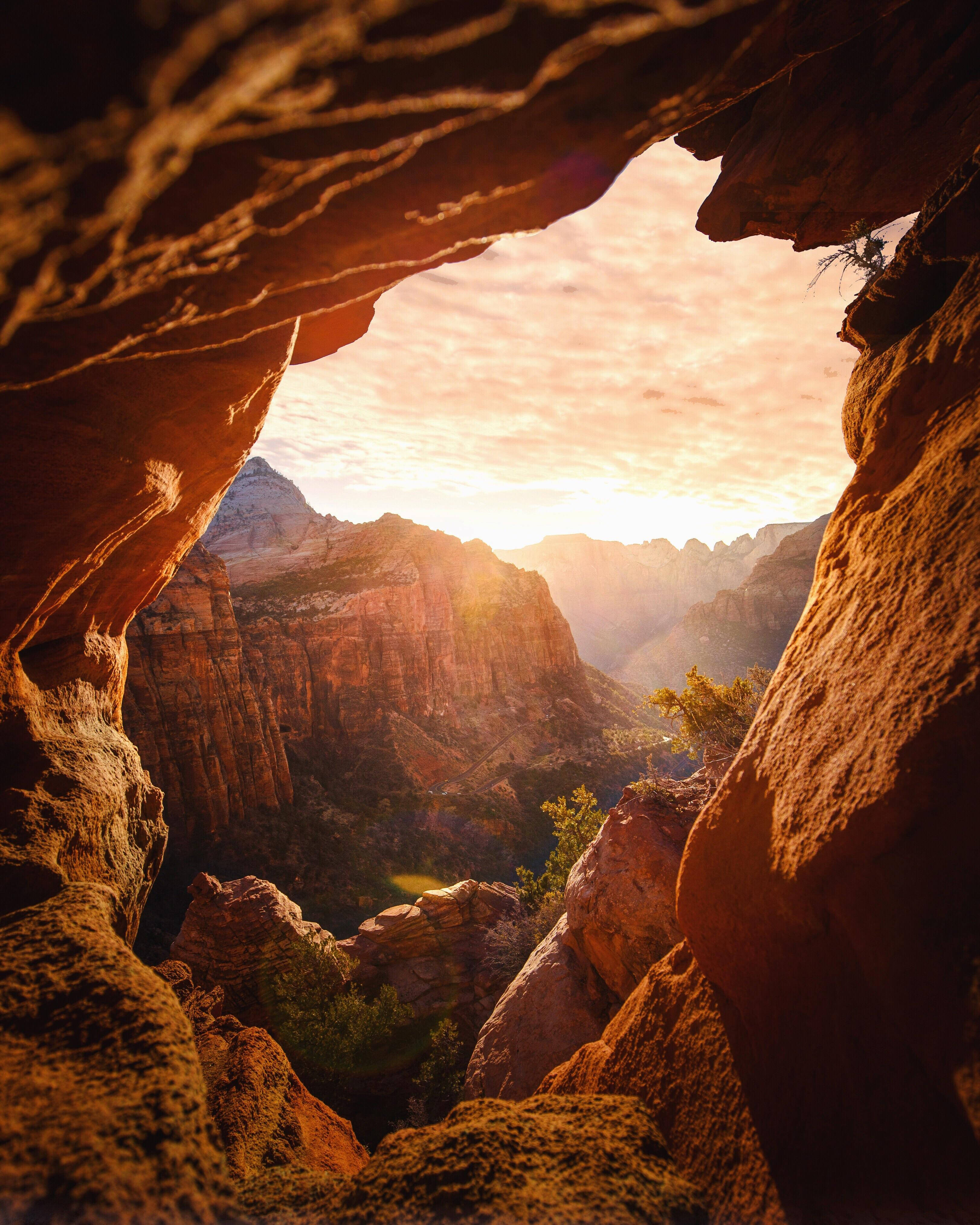 Zion National Park, cave, natural rock arch, 4K Phone Wallpaper