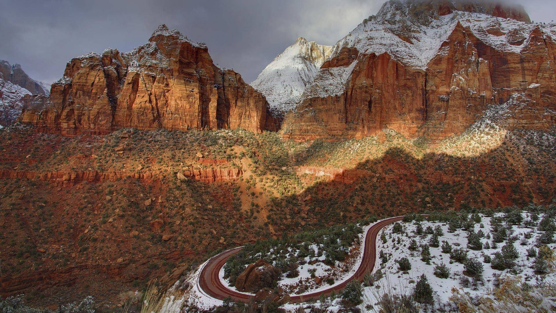 Zion National Park, winter, winding road, Full HD Desktop Wallpaper