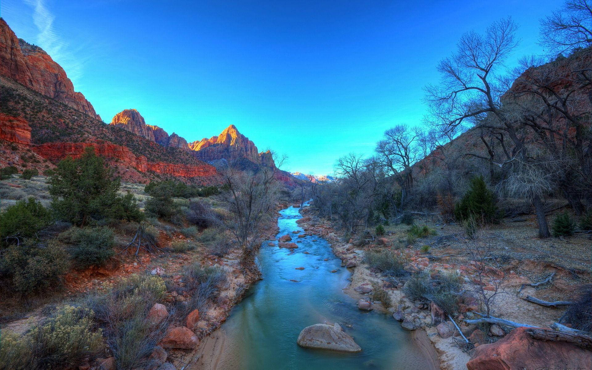 A Long Lake, Zion National Park, red rock canyons, Full HD Desktop Wallpaper