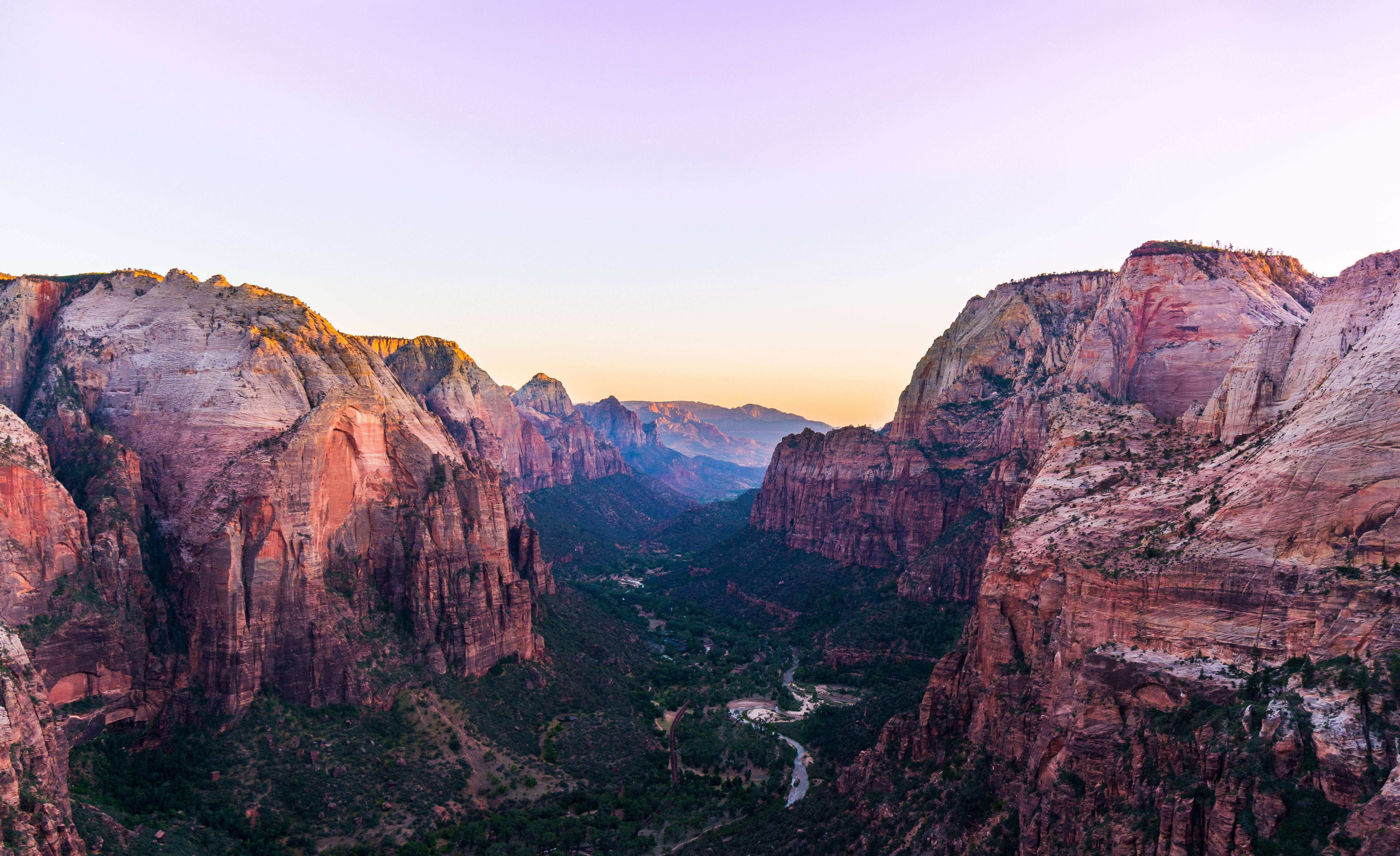 Zion National Park, sunrise, towering red rock cliffs, 5K Desktop Wallpaper