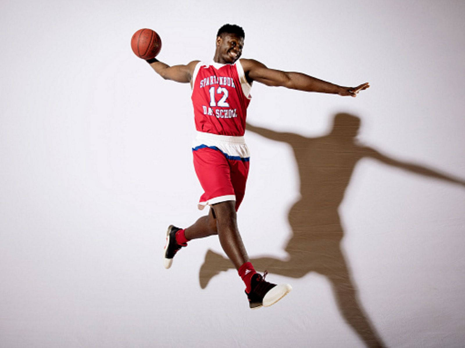 Zion Williamson, red jersey, leaps dynamically, HD Desktop Wallpaper