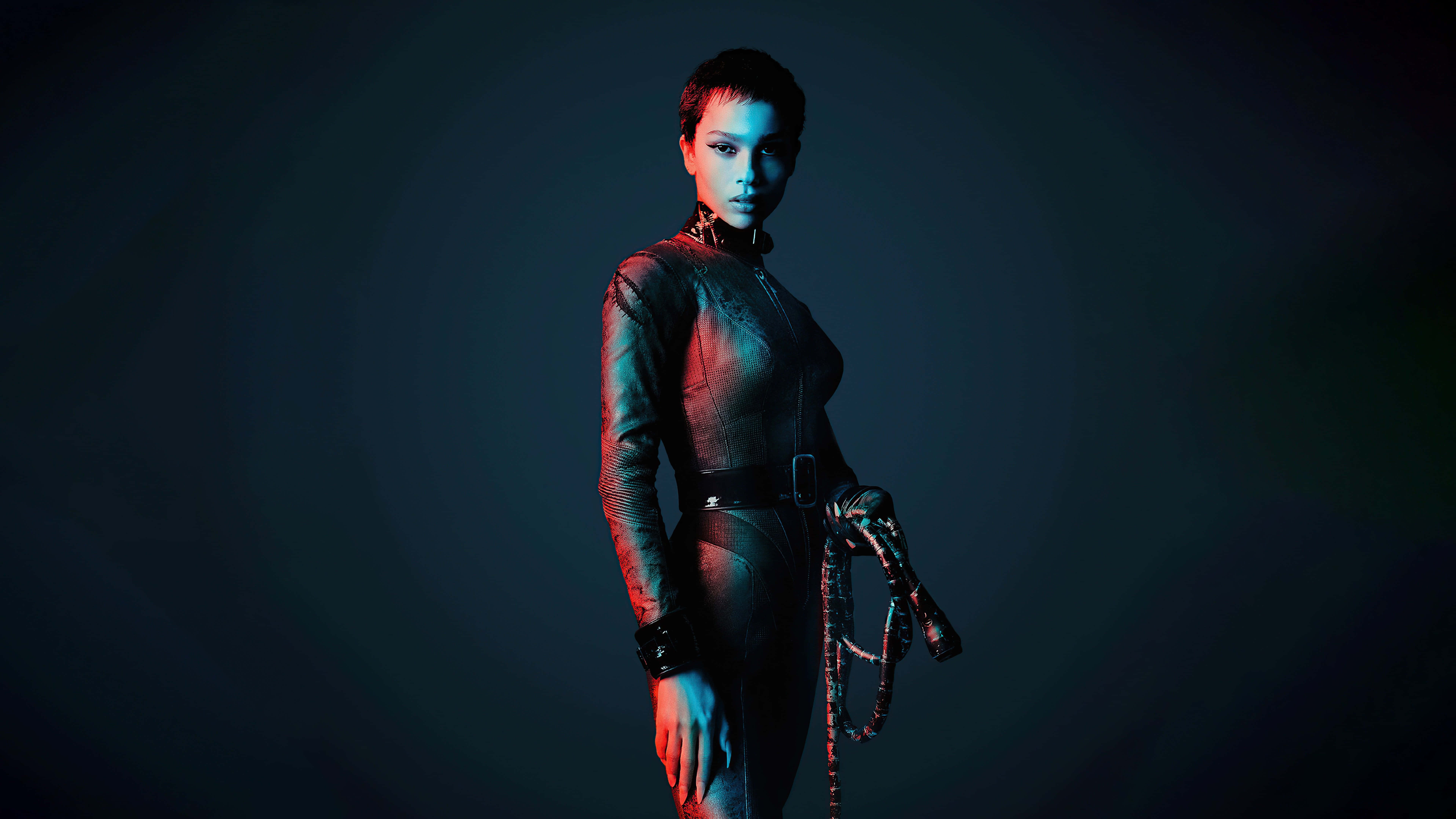 Zoë Kravitz, leather catsuit, dark gradient backdrop, 8K Desktop Wallpaper