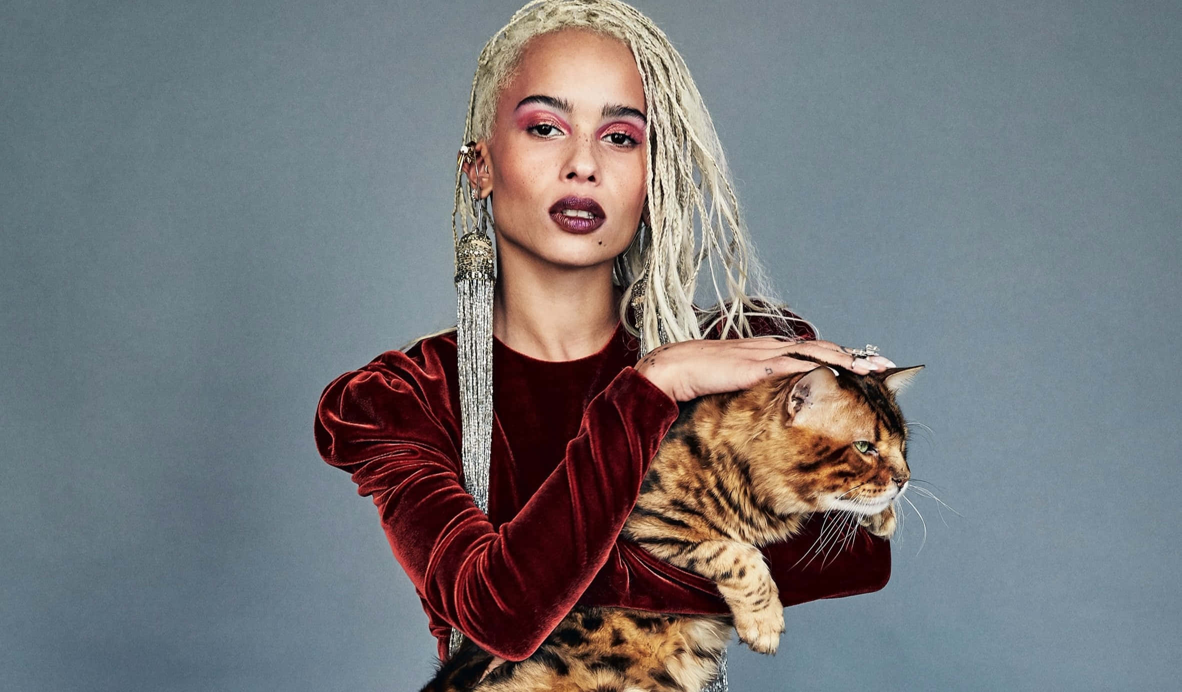 Zoë Kravitz, velvet dress, tabby cat, Full HD Desktop Wallpaper