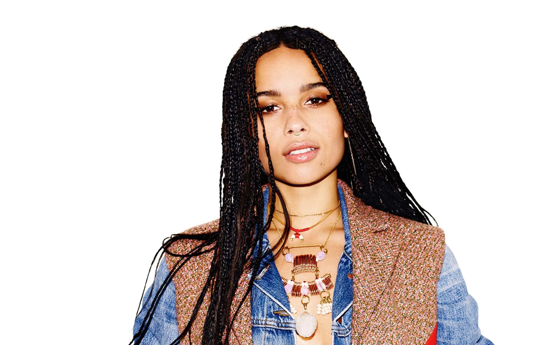 Zoë Kravitz, long black braids, layered necklaces, Full HD Desktop Wallpaper