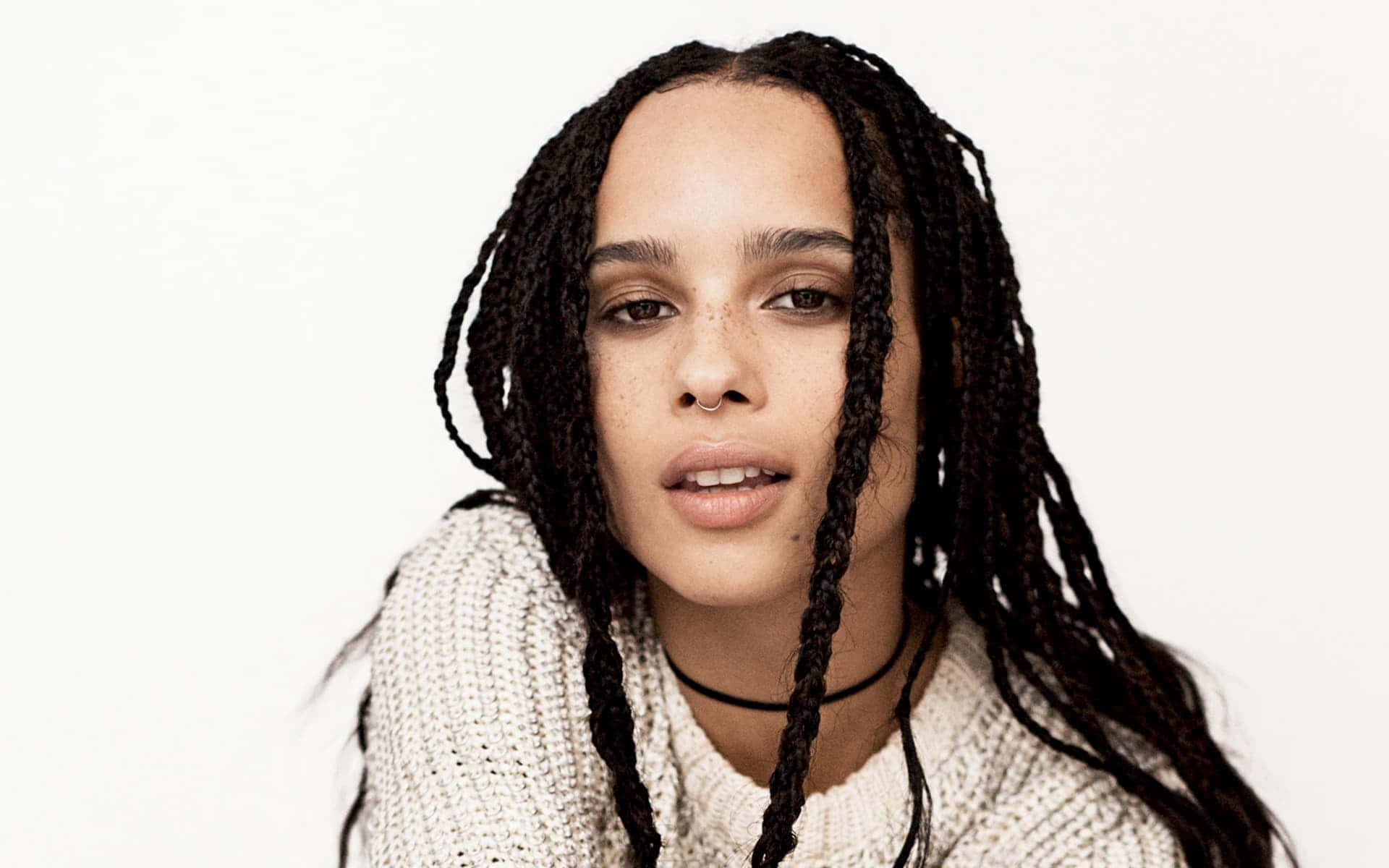 Zoë Kravitz, long dark braids, cream knit sweater, Full HD Desktop Wallpaper