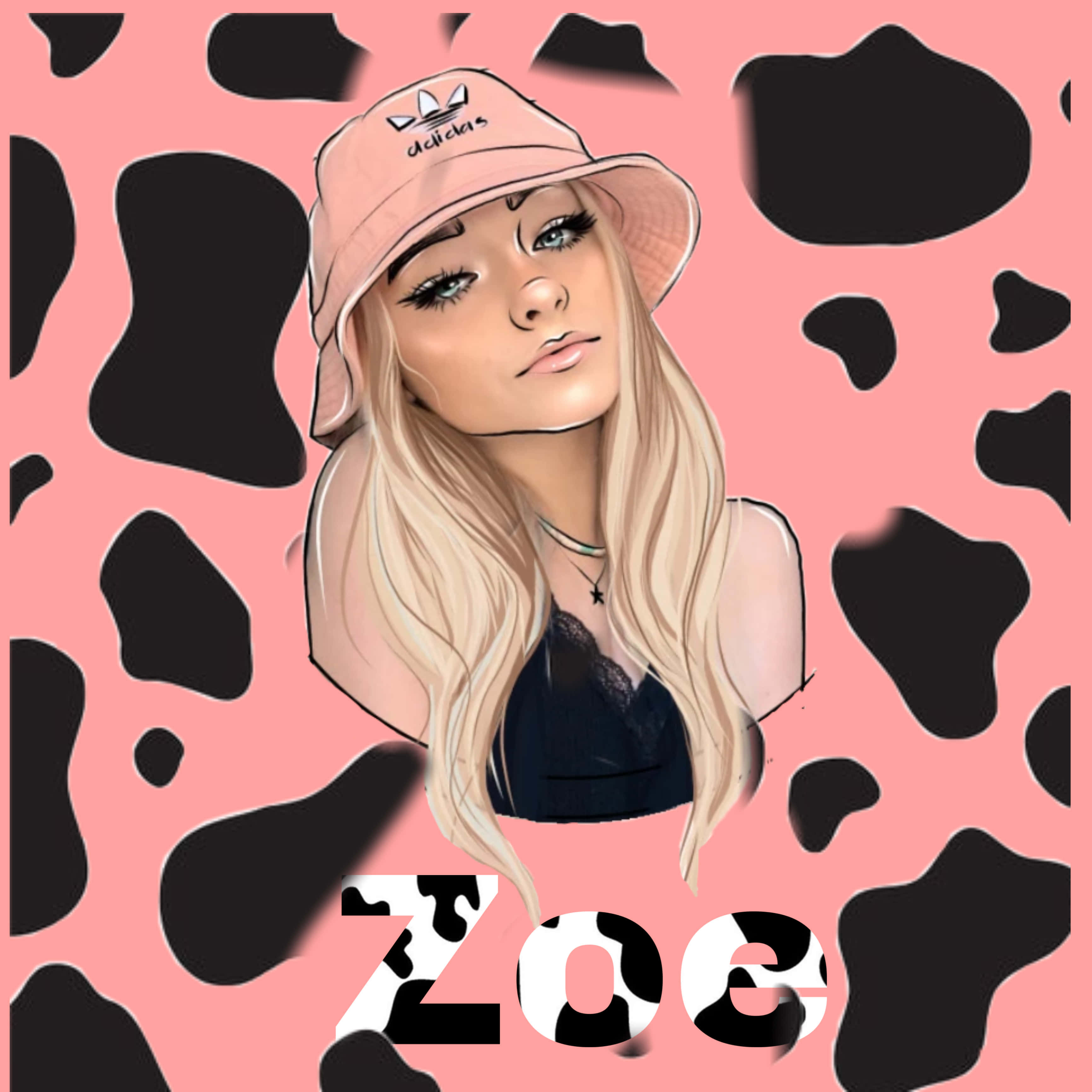 Zoe LaVerne, pink bucket hat, pink and black cow print background, 2K Desktop Wallpaper