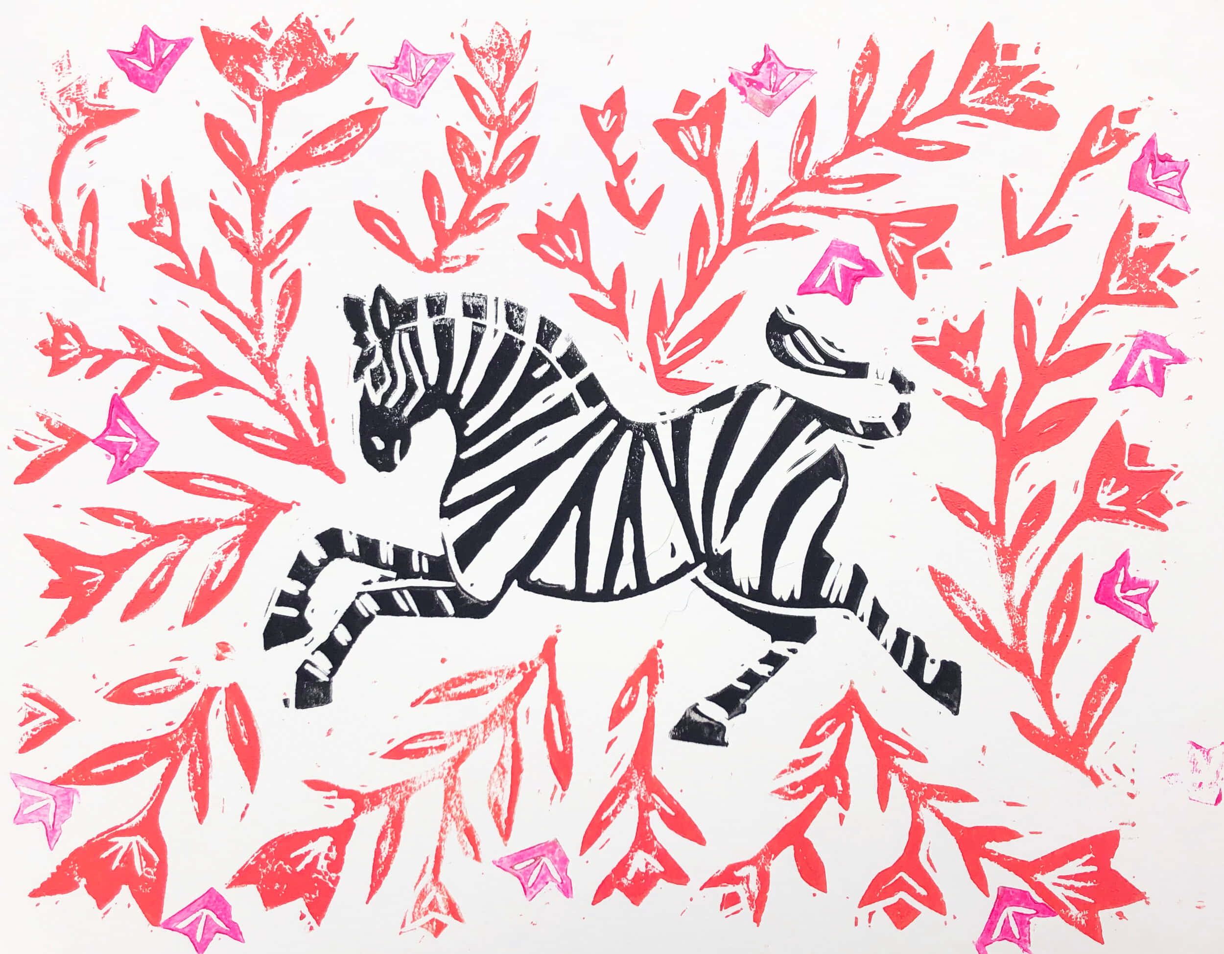 jovial zebra print, black and white zebra, vibrant red and pink floral pattern, Full HD Desktop Wallpaper