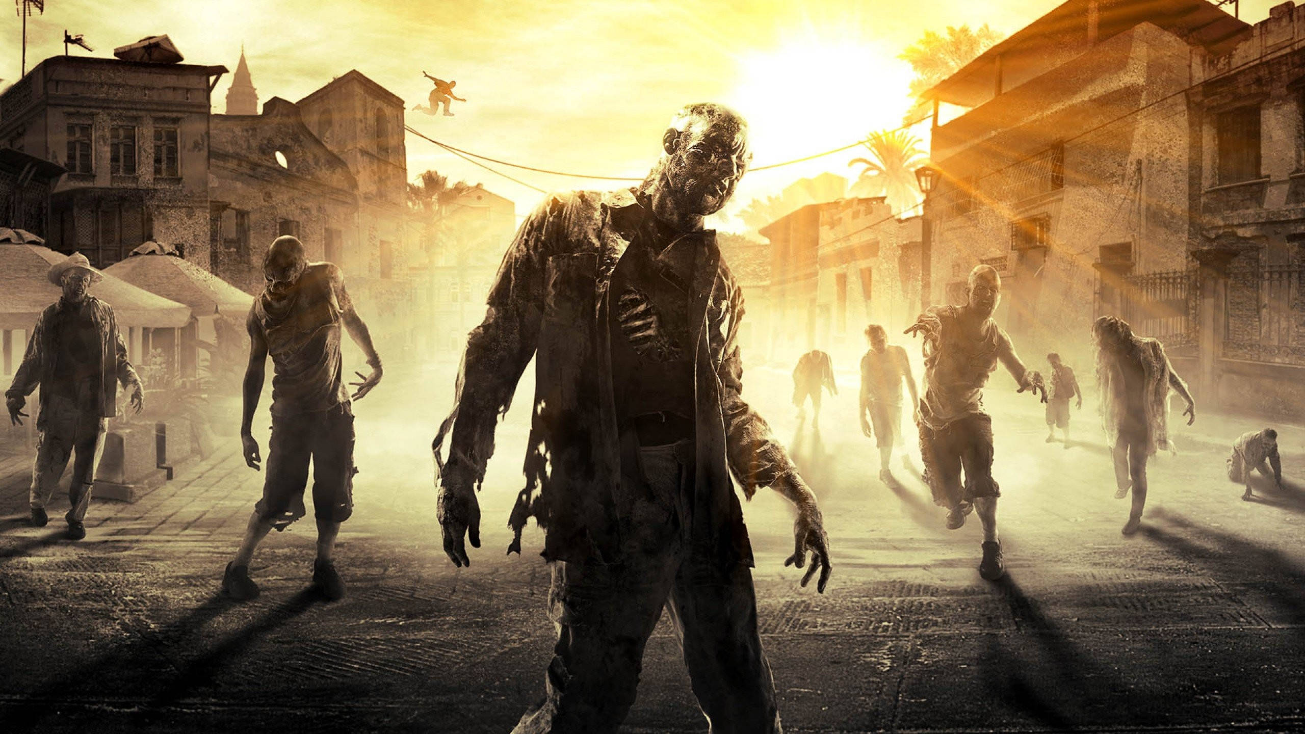 Zombie Apocalypse, sun-drenched ruined city street, dusty buildings, 2K Desktop Wallpaper