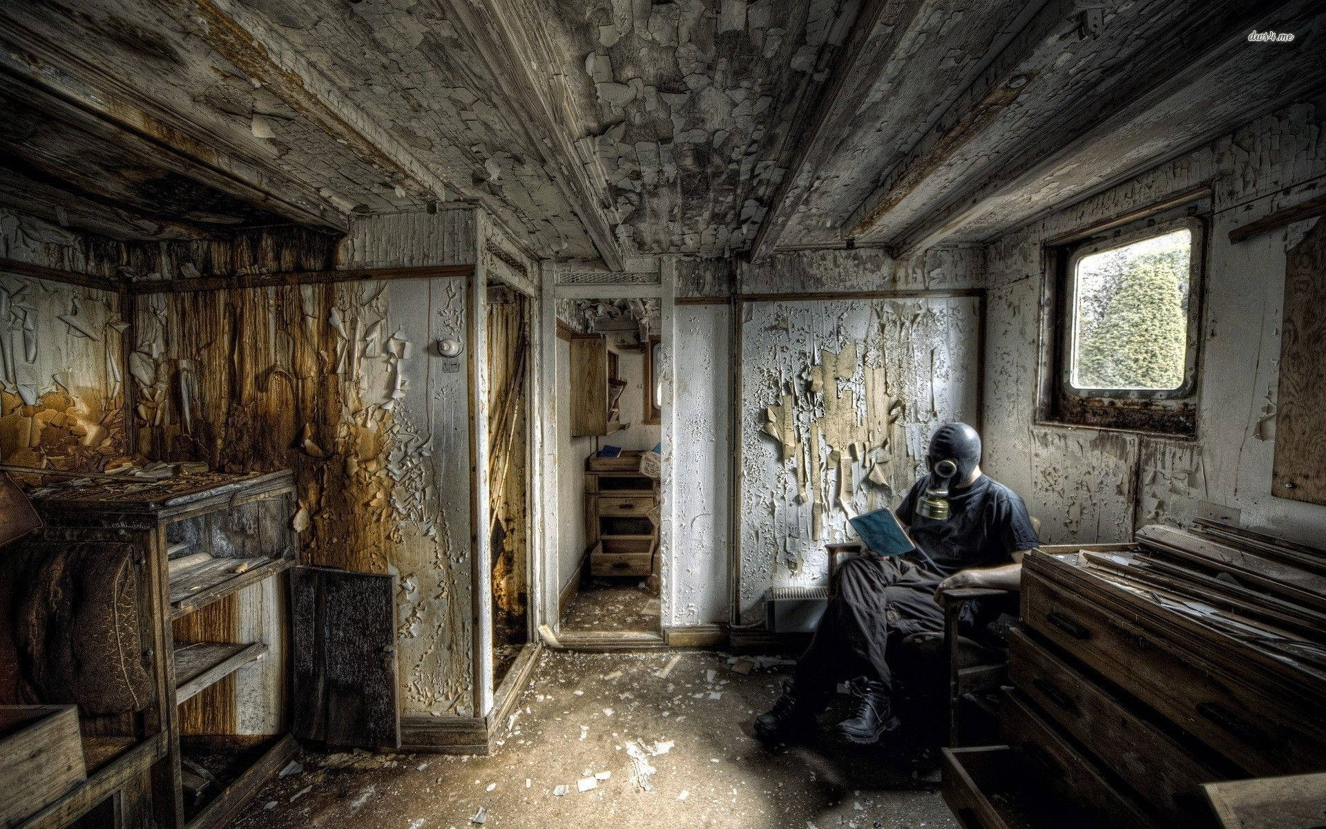 Zombie Apocalypse, gas mask, dilapidated room, Full HD Desktop Wallpaper
