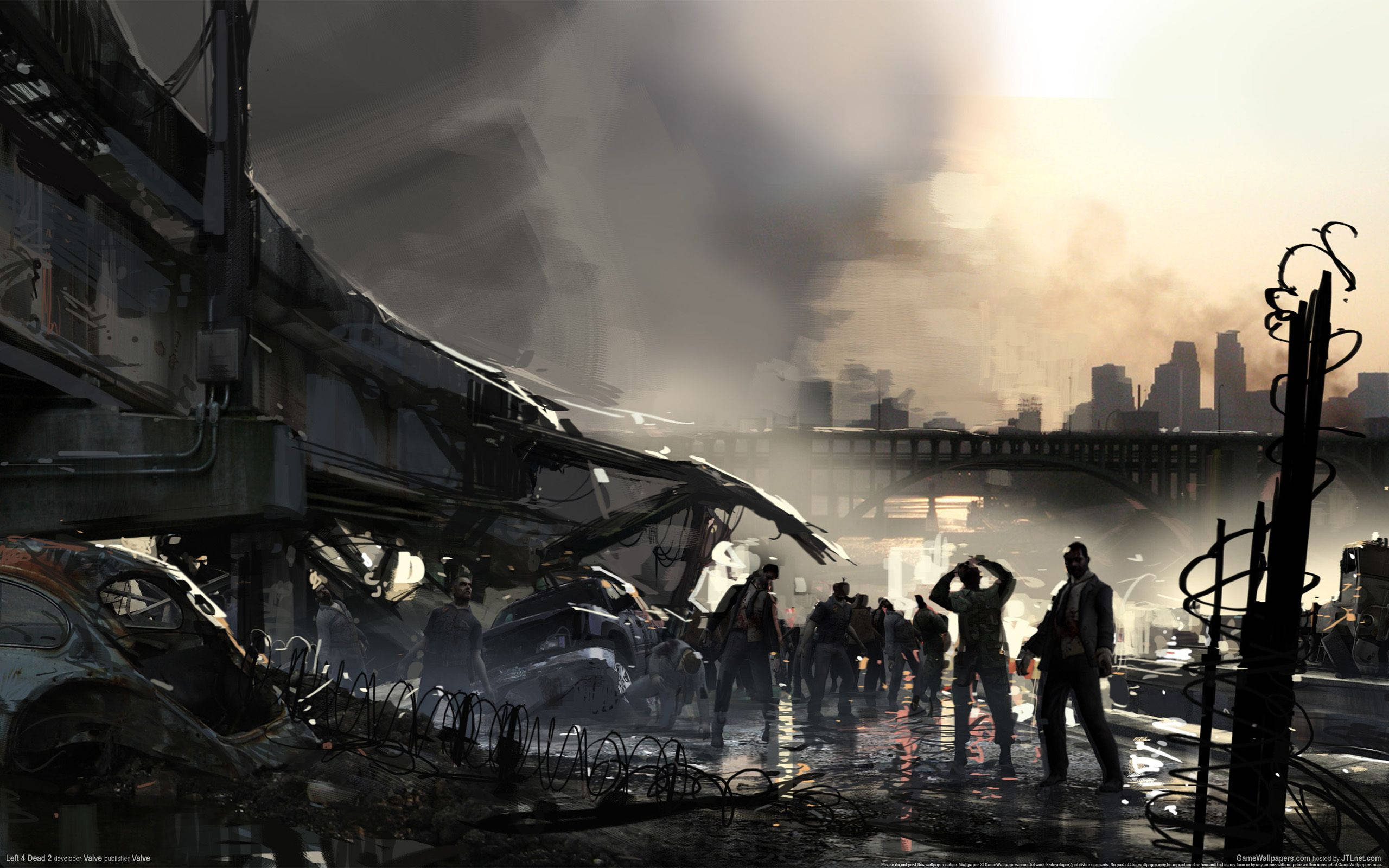 Zombie Apocalypse, ruined urban wasteland, hazy sun, 2K Desktop Wallpaper