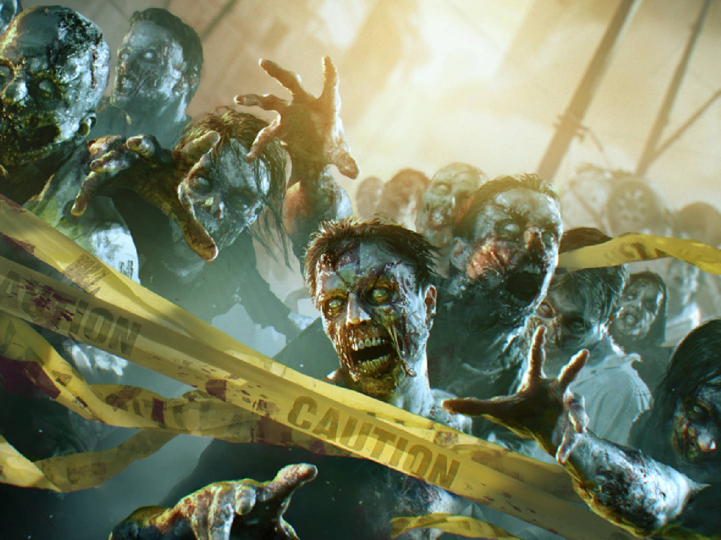 Zombie Apocalypse, horde of grotesque zombies, torn caution tape, HD Desktop Wallpaper
