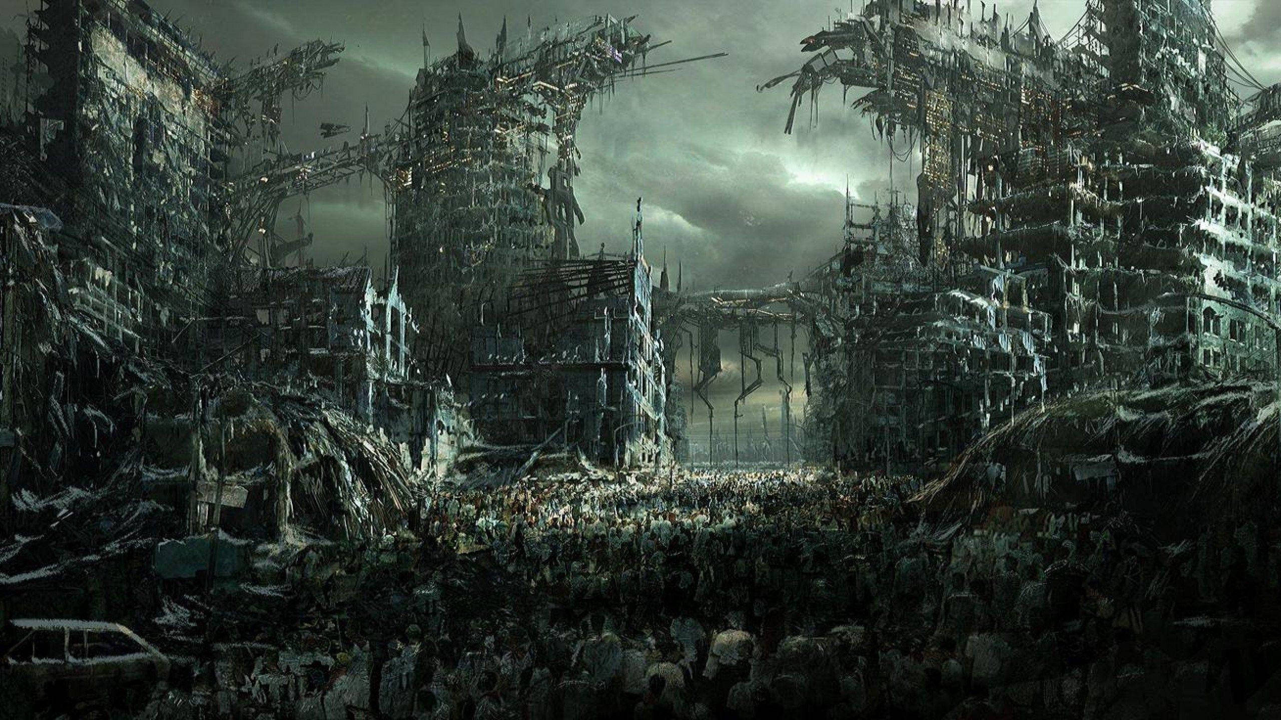 Zombie Apocalypse, post-apocalyptic cityscape, crumbling skyscrapers, 2K Desktop Wallpaper