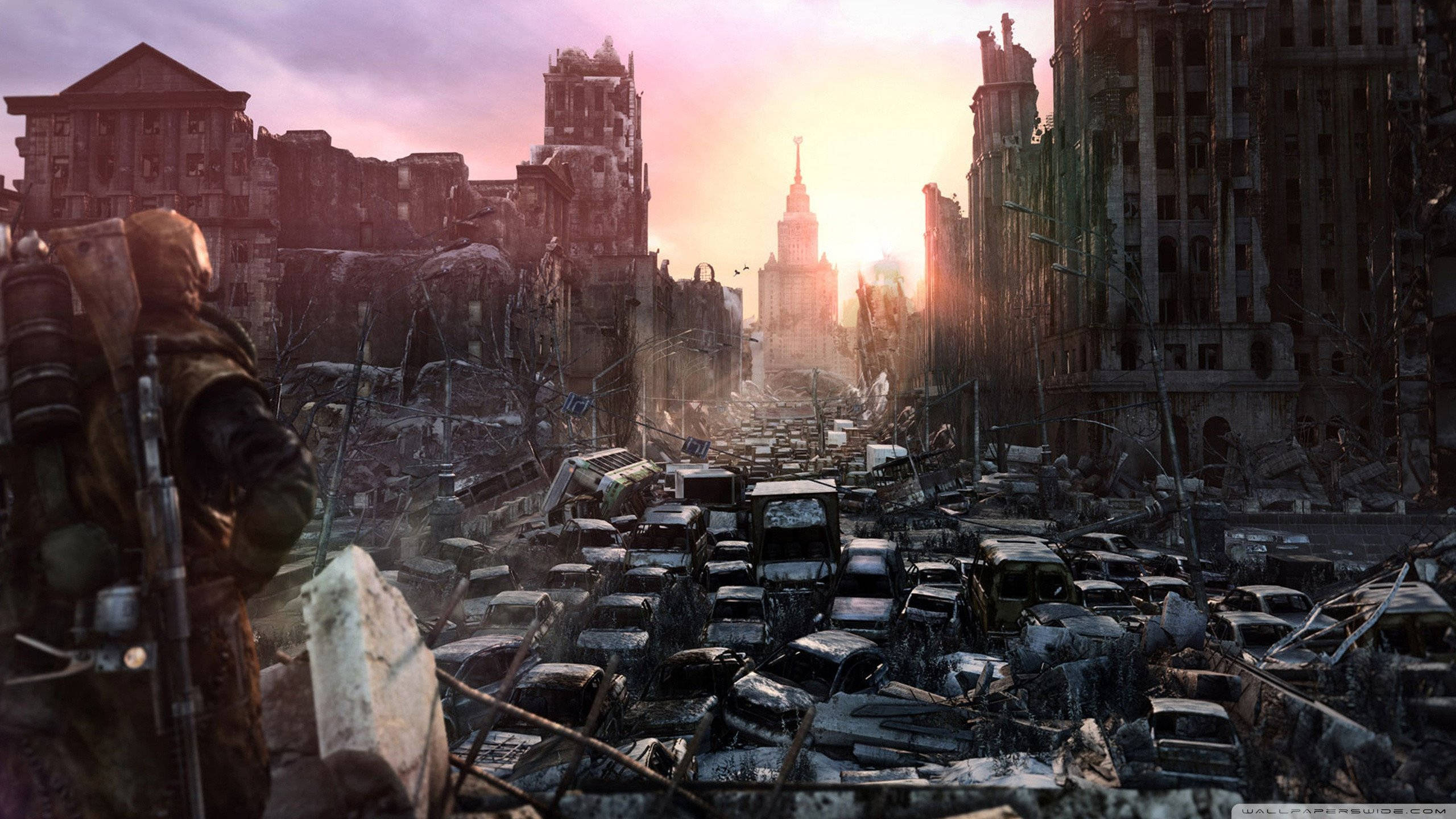 Zombie Apocalypse, ruined city street, abandoned cars, 2K Desktop Wallpaper