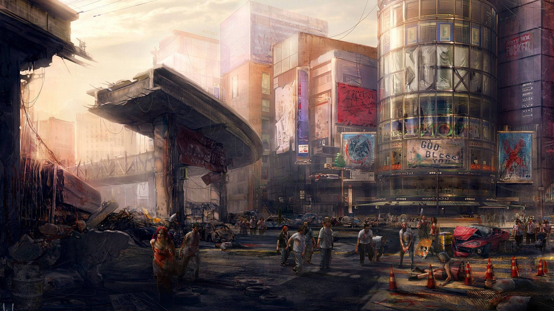 zombie apocalypse, dawn, crumbling buildings, Full HD Desktop Wallpaper