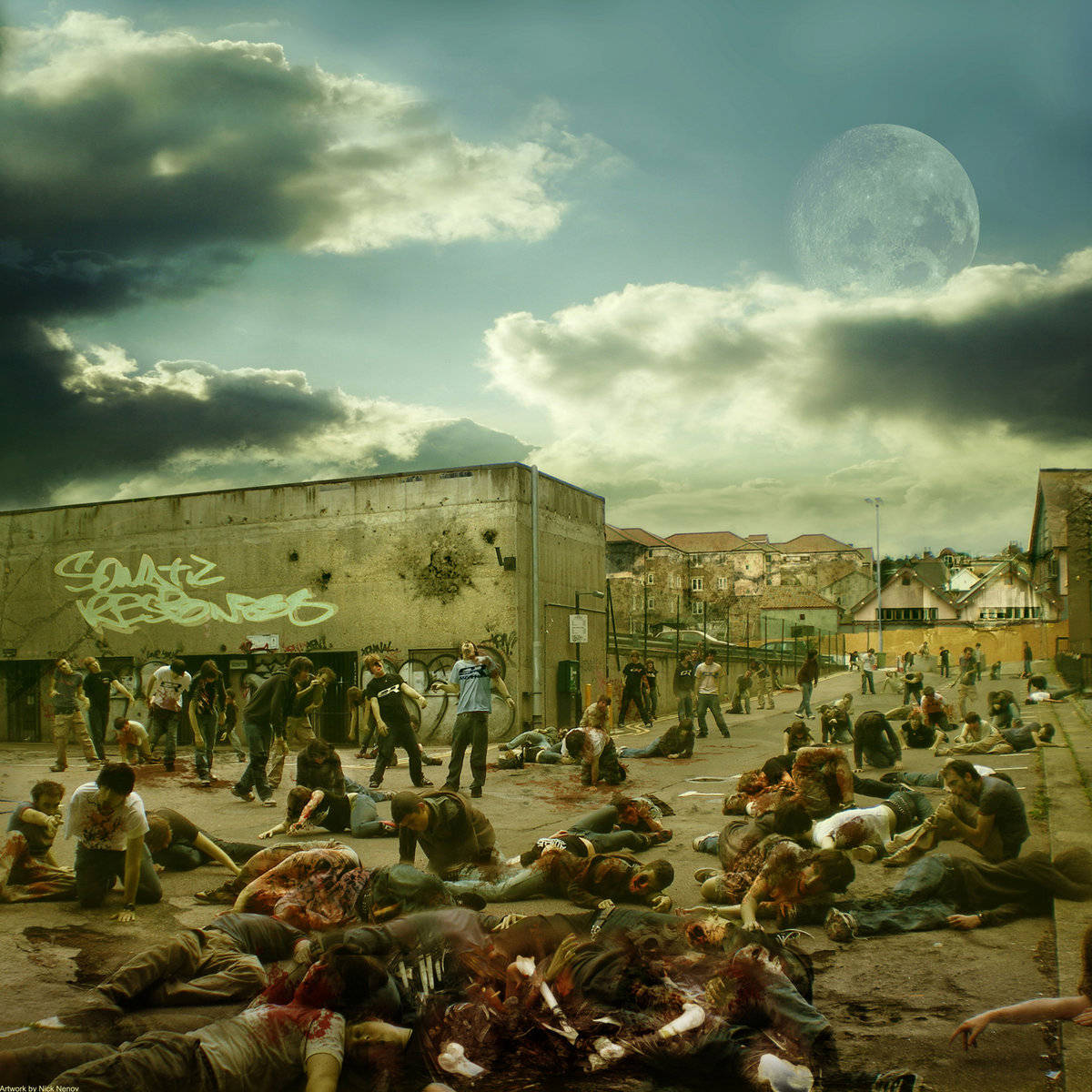 Zombie Apocalypse, massive moon, graffiti buildings, SD Desktop Wallpaper
