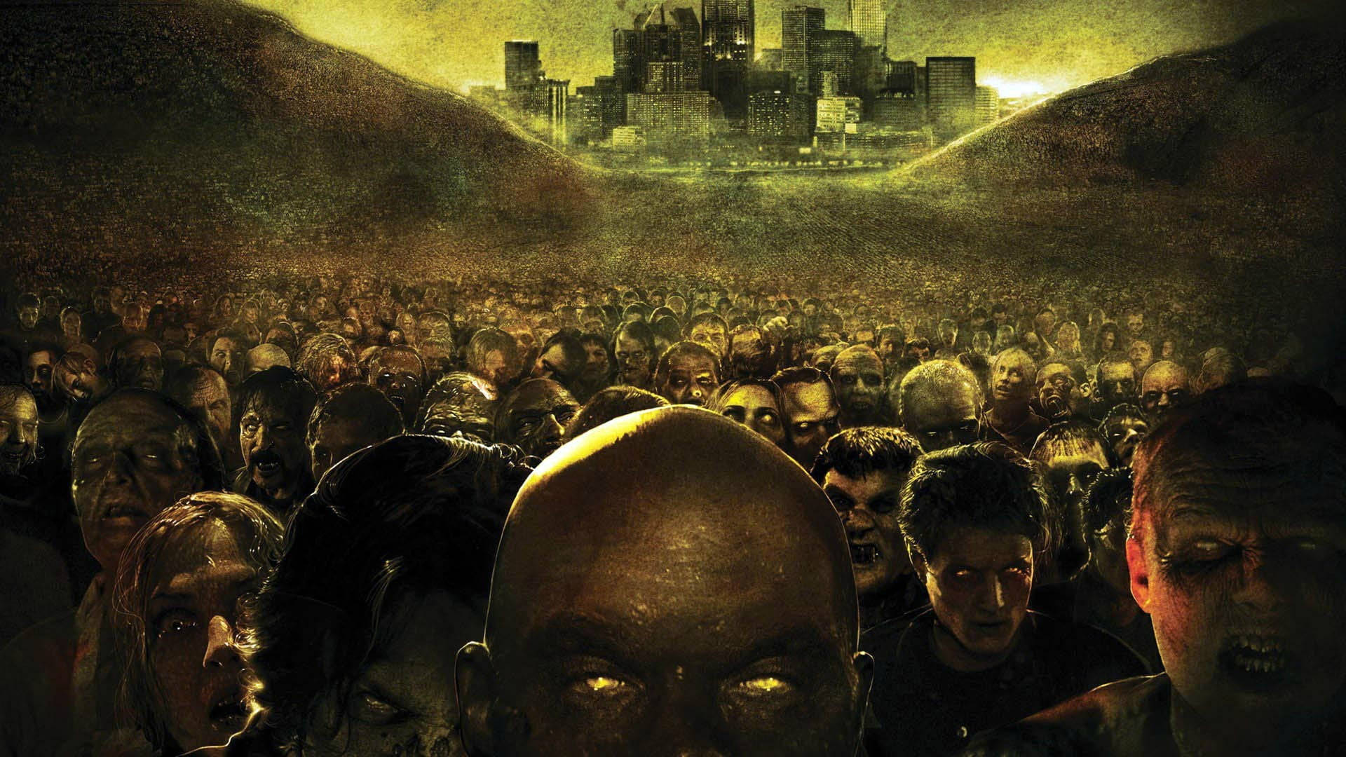 Zombie Apocalypse, horde of grotesque zombies, distant city, Full HD Desktop Wallpaper