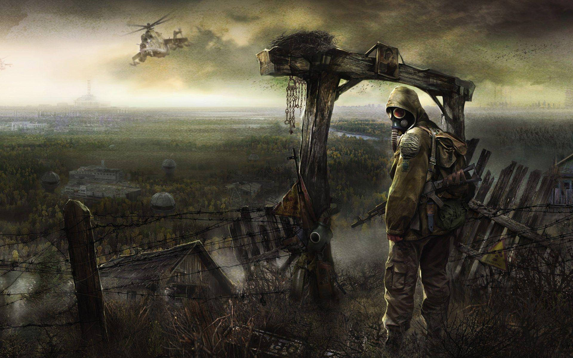 Zombie Apocalypse, gas mask, broken wooden gate, Full HD Desktop Wallpaper