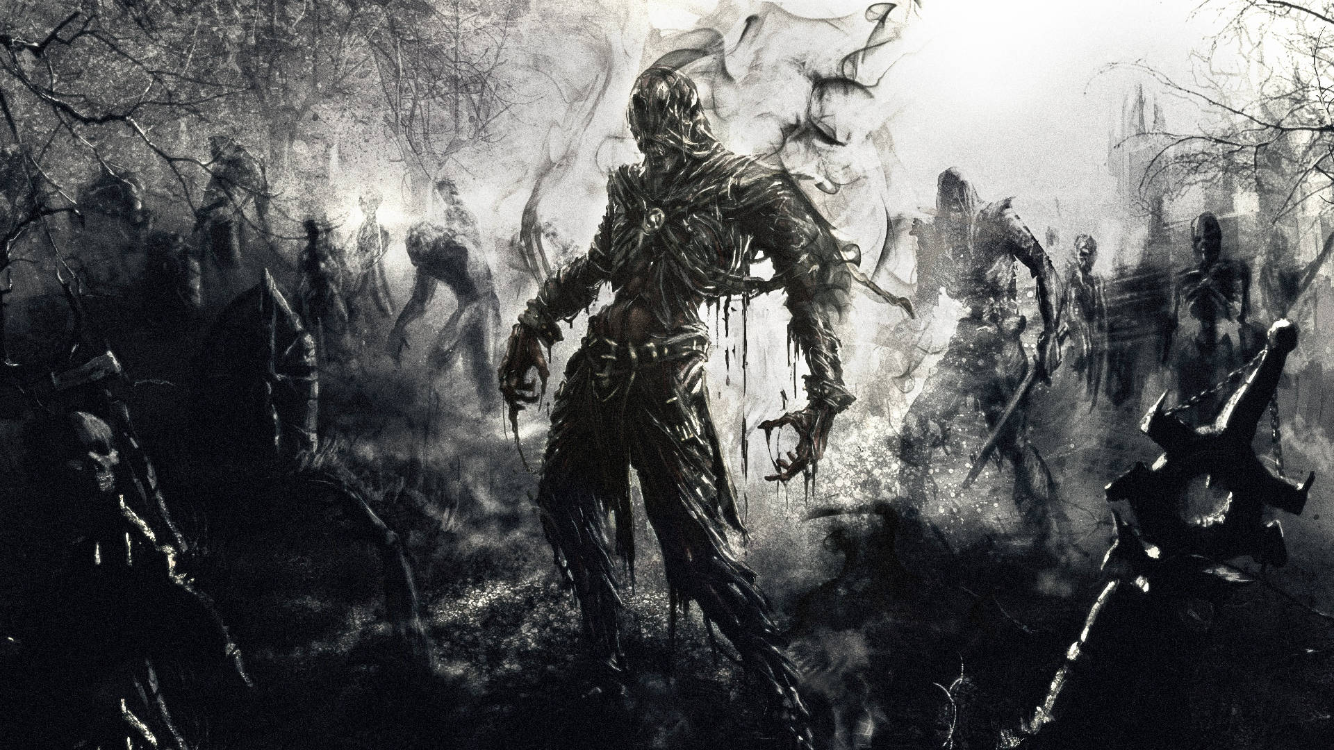 Zombie Apocalypse, black and white, skeletal warrior, Full HD Desktop Wallpaper