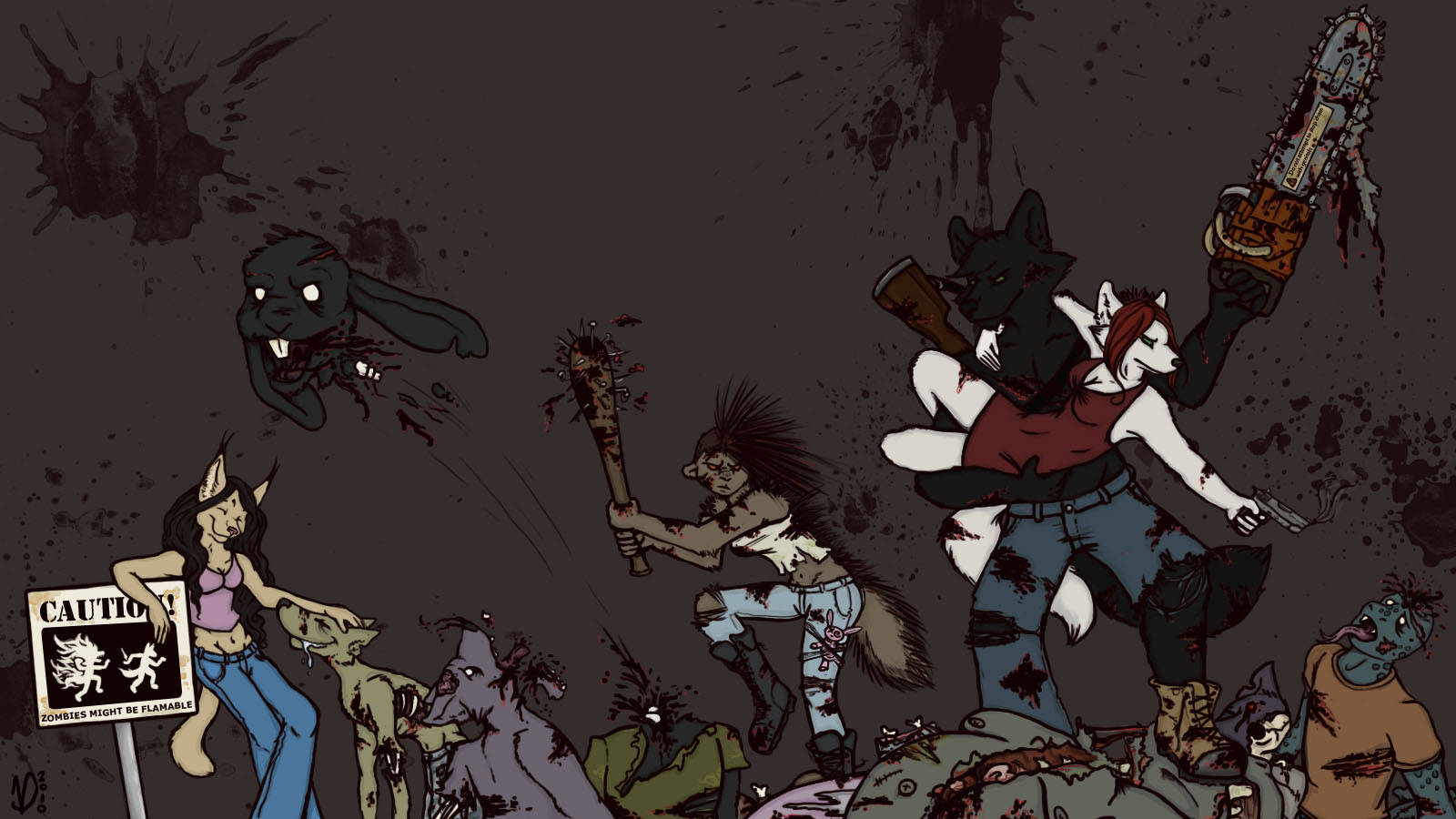 zombie apocalypse, anthropomorphic characters, zombies with guns, HD Desktop Wallpaper