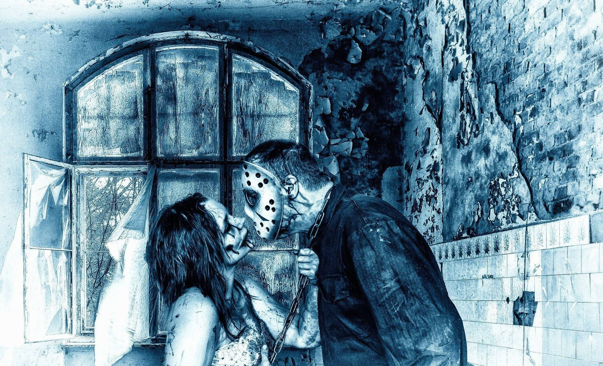 zombie apocalypse, masked horror figure, dilapidated blue-toned room, Full HD Desktop Wallpaper