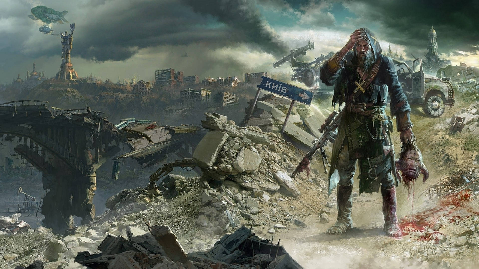 Zombie Apocalypse, ruined cityscape, severed head, Full HD Desktop Wallpaper