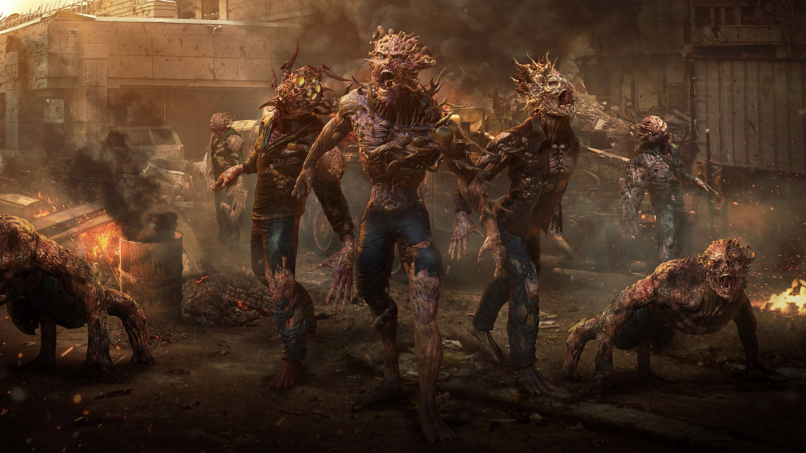 Zombie Apocalypse, burning ruined city street, horror monsters, 2K Desktop Wallpaper