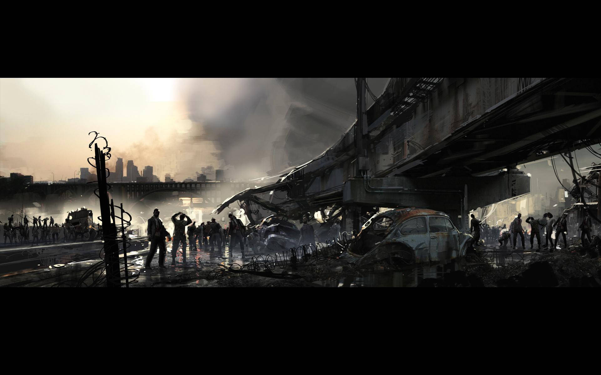 Zombie Apocalypse, ruined urban wasteland, smoky sunset sky, Full HD Desktop Wallpaper