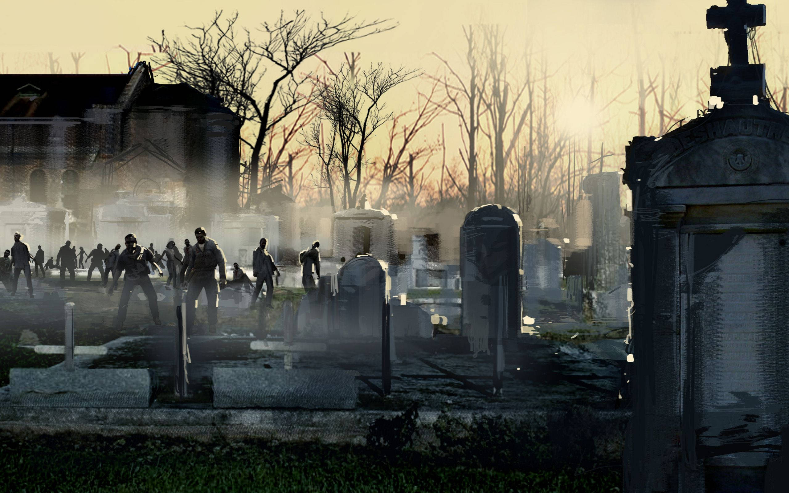 graveyard, zombies, misty cemetery, 2K Desktop Wallpaper