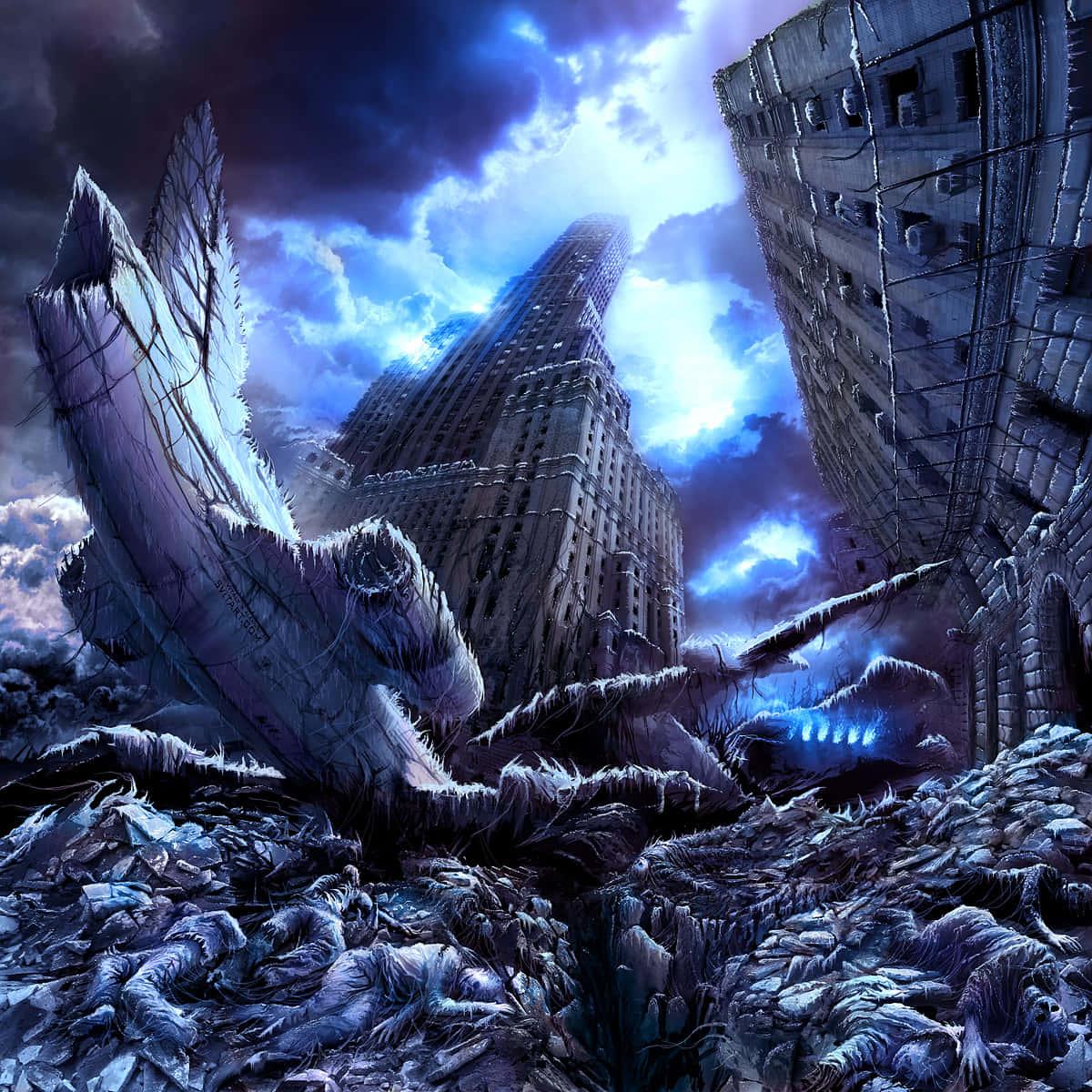 Catatonic Apocalyptic Zombies, icy monster, stormy blue sky, SD Desktop Wallpaper