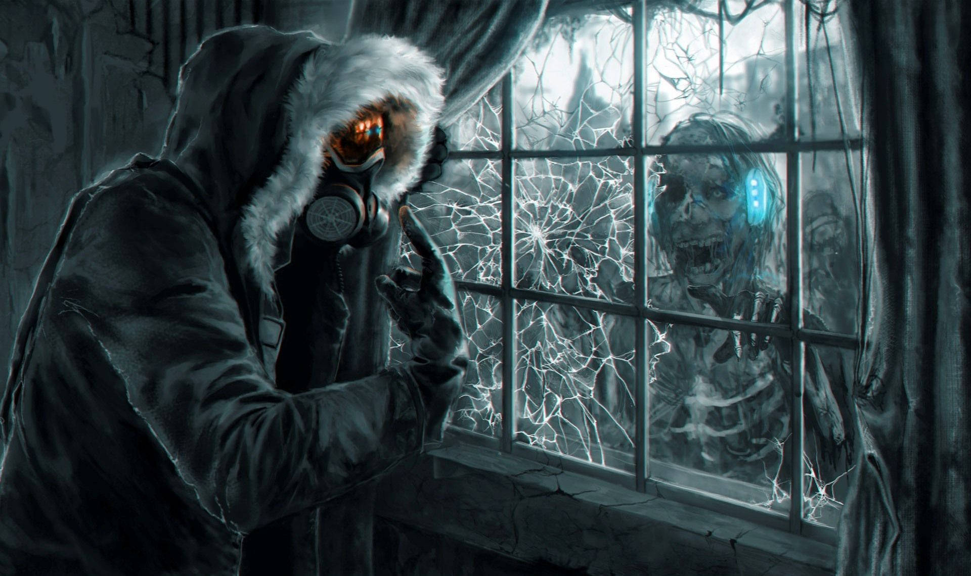 Zombie Apocalypse, hooded figure, gas mask, Full HD Desktop Wallpaper