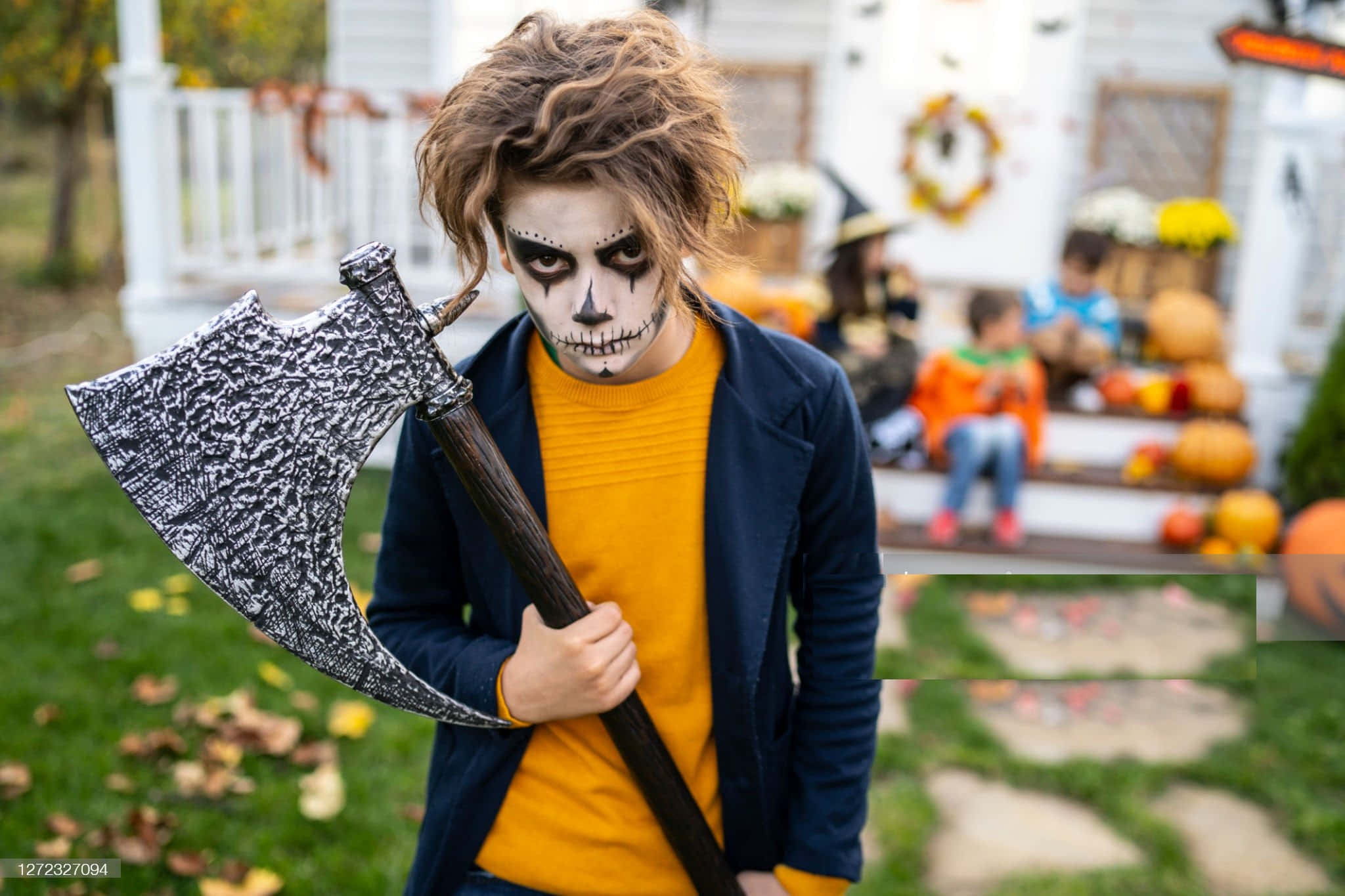 zombie costumes, skull makeup, axe, Full HD Desktop Wallpaper