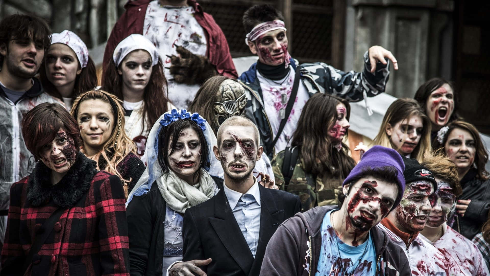 zombie costumes, Halloween, urban setting, Full HD Desktop Wallpaper